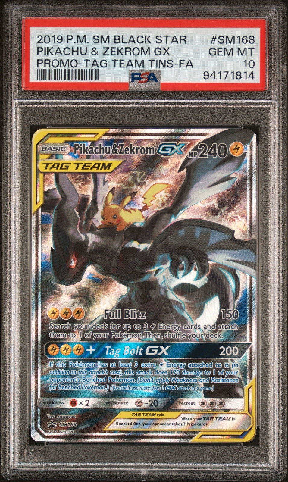 Pokemon Pikachu & Zekrom GX SM168 PSA 10 Gem Mint Tag Team Black Star Promo 2019