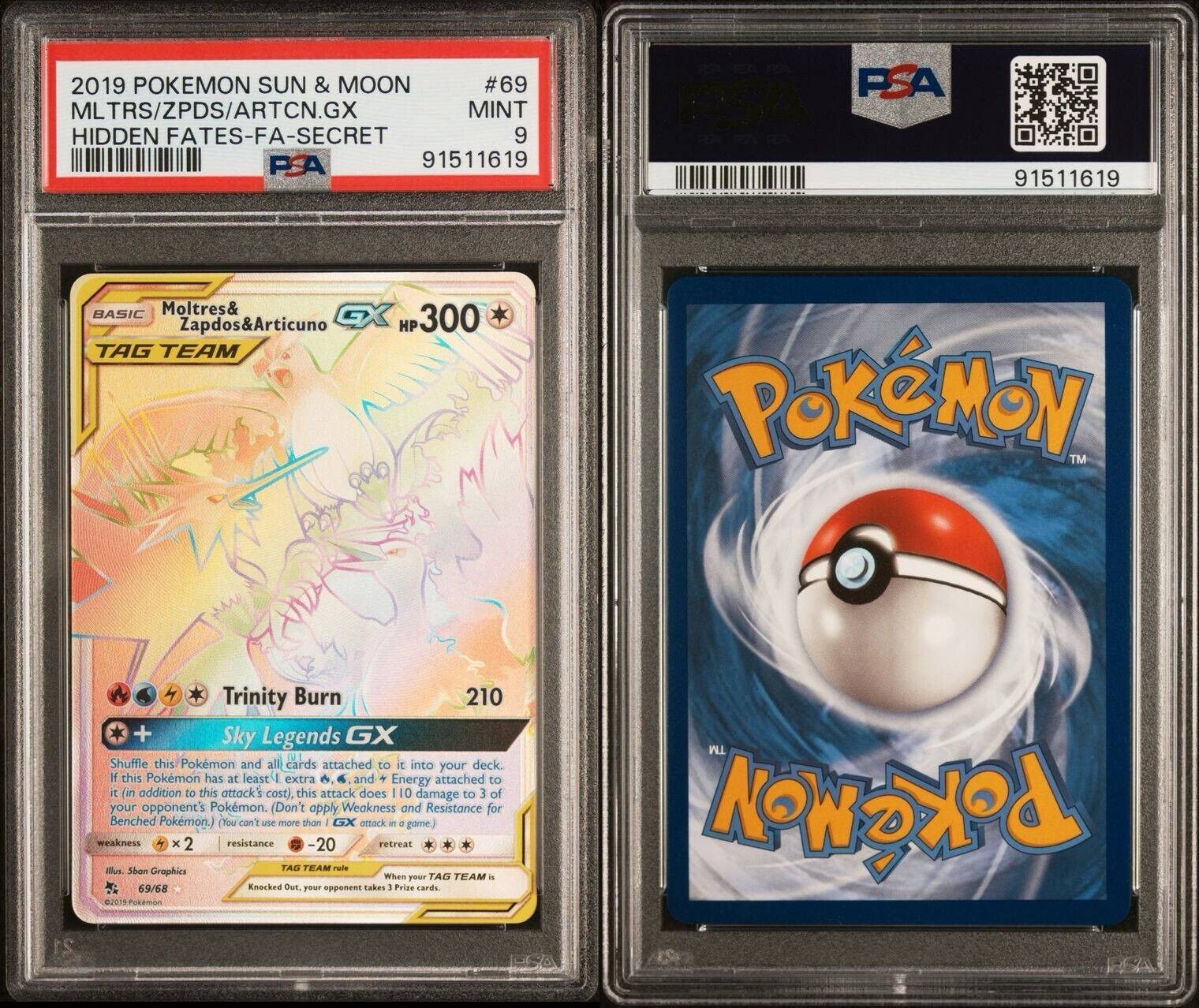 Pokemon Moltres/Zapdos/Articuno GX 69/68 PSA 9 Mint Hidden Fates Secret FA