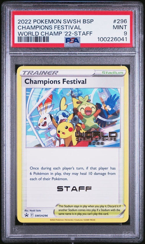 Pokemon Champions Festival SWSH296 PSA 9 Mint Worlds 2022 London Staff Promo