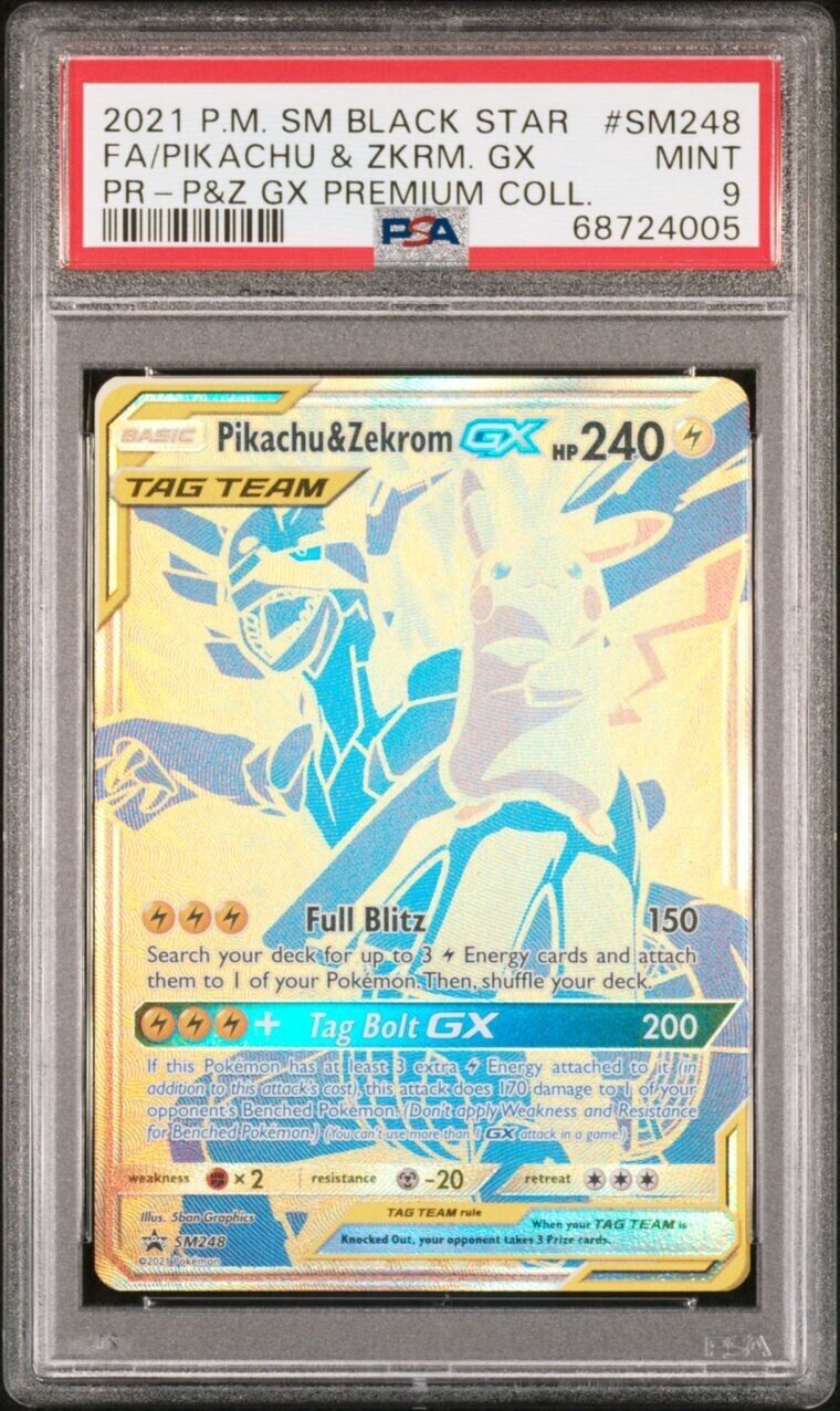 Pokemon Pikachu & Zekrom GX SM248 PSA 9 Mint Black Star Promo Gold Full Art FA