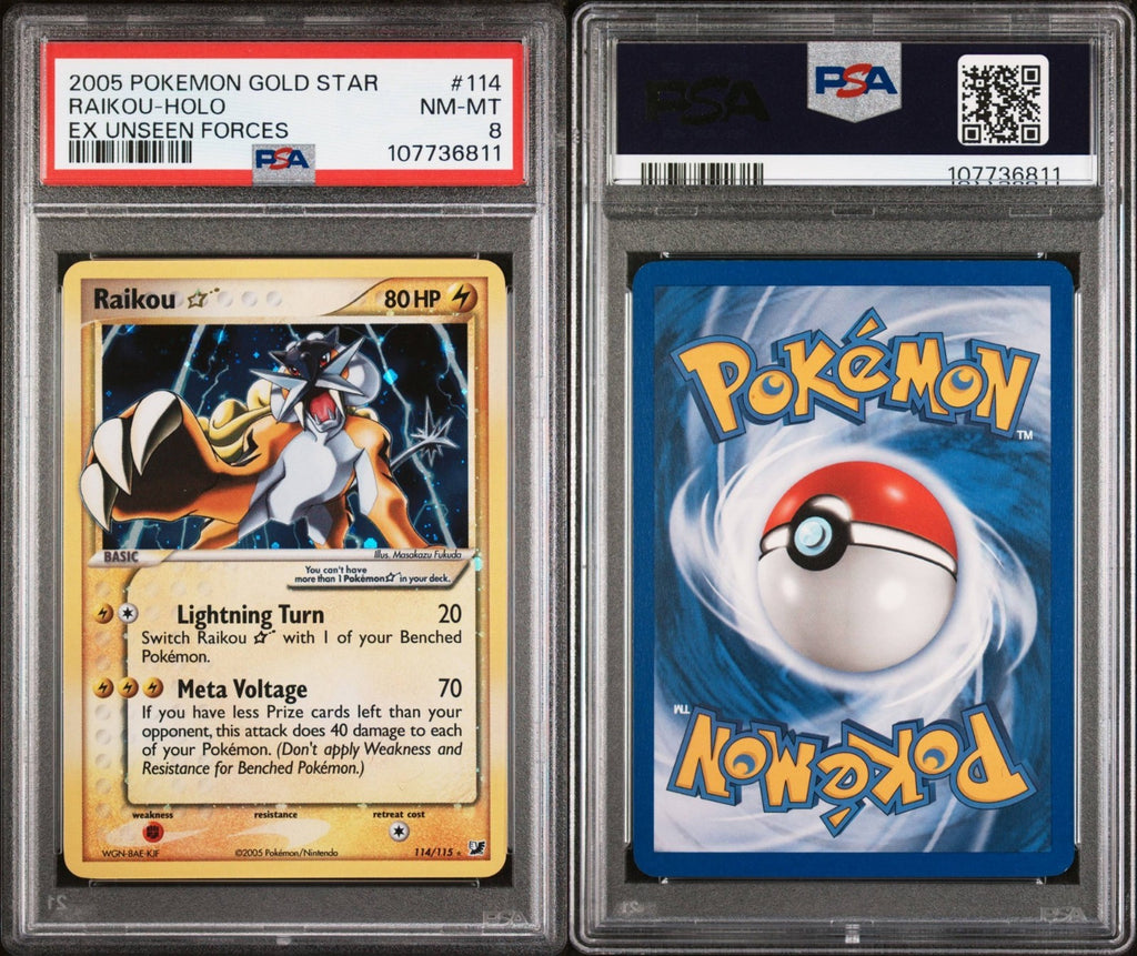 Pokemon Raikou Gold Star 114/115 PSA 8 NM-MT EX Unseen Forces Holo Rare 2005