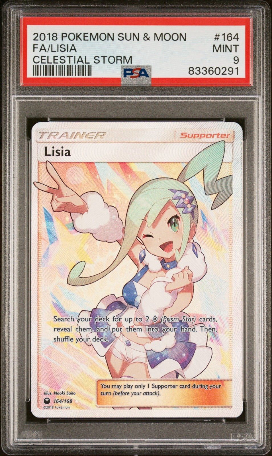 Pokemon Lisia 164/168 PSA 9 Sun & Moon Celestial Storm Full Art Trainer 2018