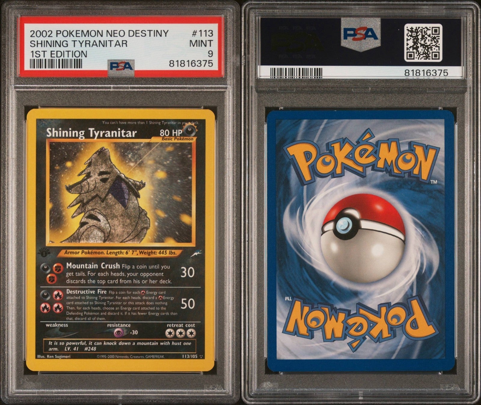 Pokemon Shining Tyranitar 113/105 PSA 9 Mint Neo Destiny 1st Edition Secret 2002