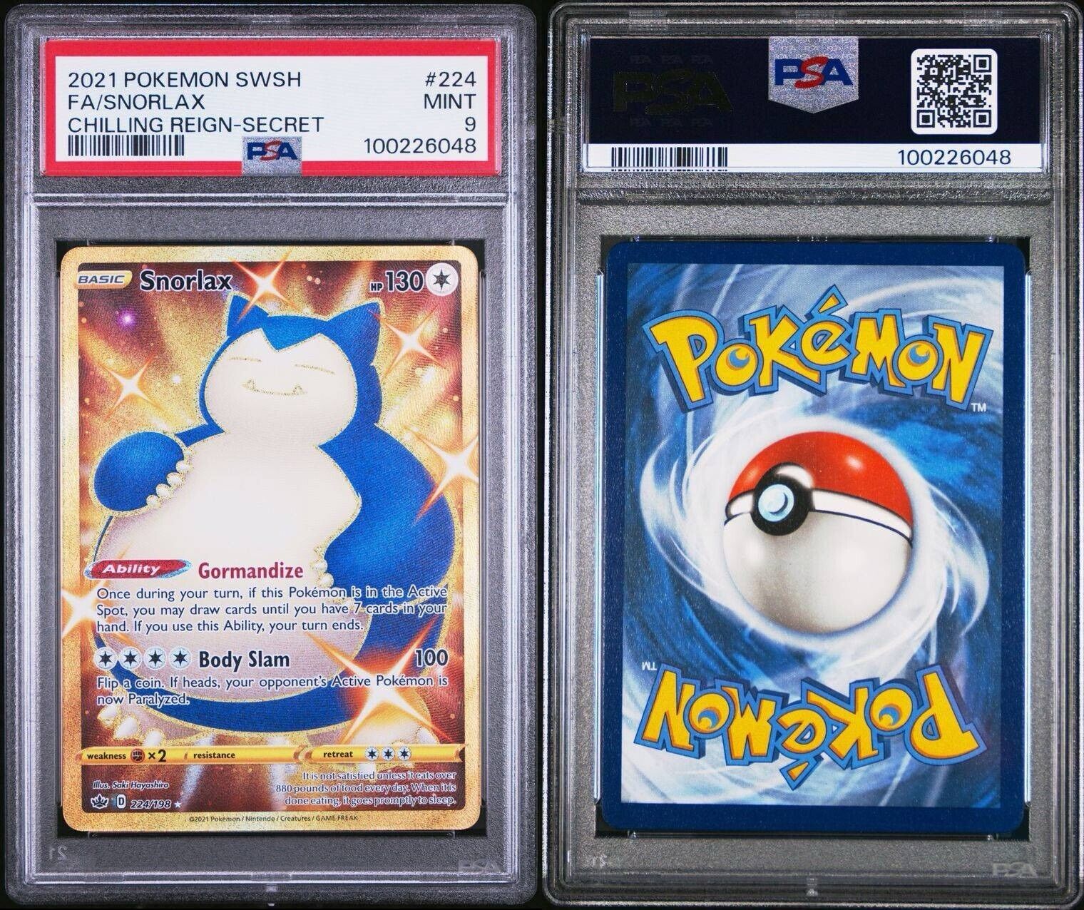 Pokemon Snorlax 224/198 PSA 9 Mint Chilling Reign Gold Secret Rare Shiny FA