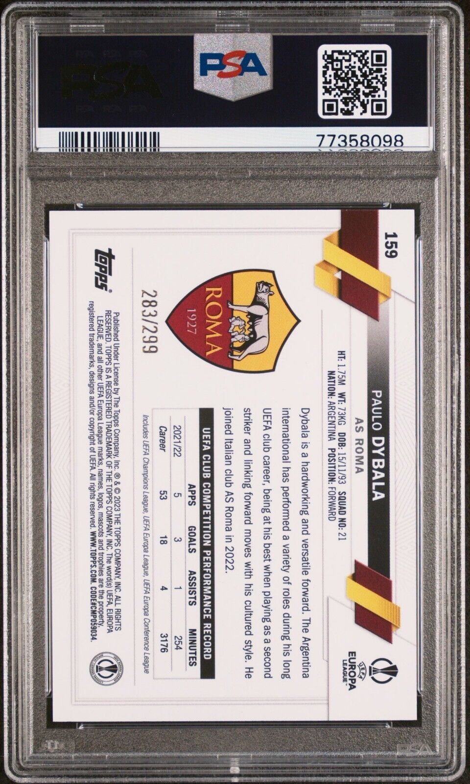 Topps UEFA Paulo Dybala #159 Auto /299 PSA 8 NM-MT Yellow Foil
