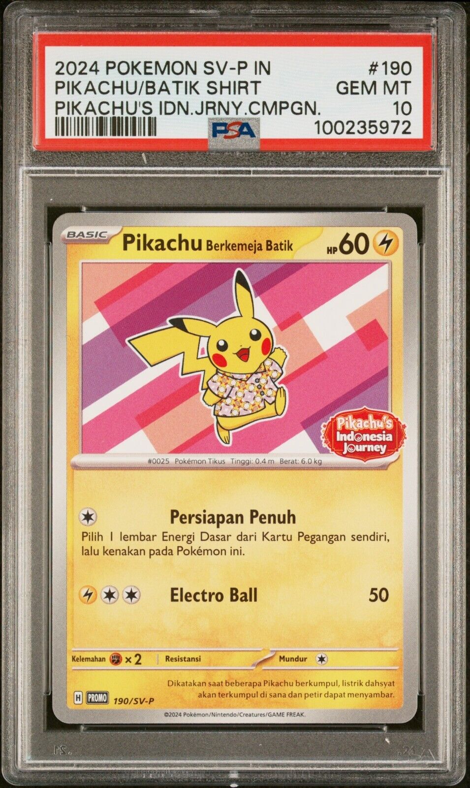 Pokemon Pikachu 154/SV-P PSA 10 Indonesia Journey Batik Shirt Exclusive Promo
