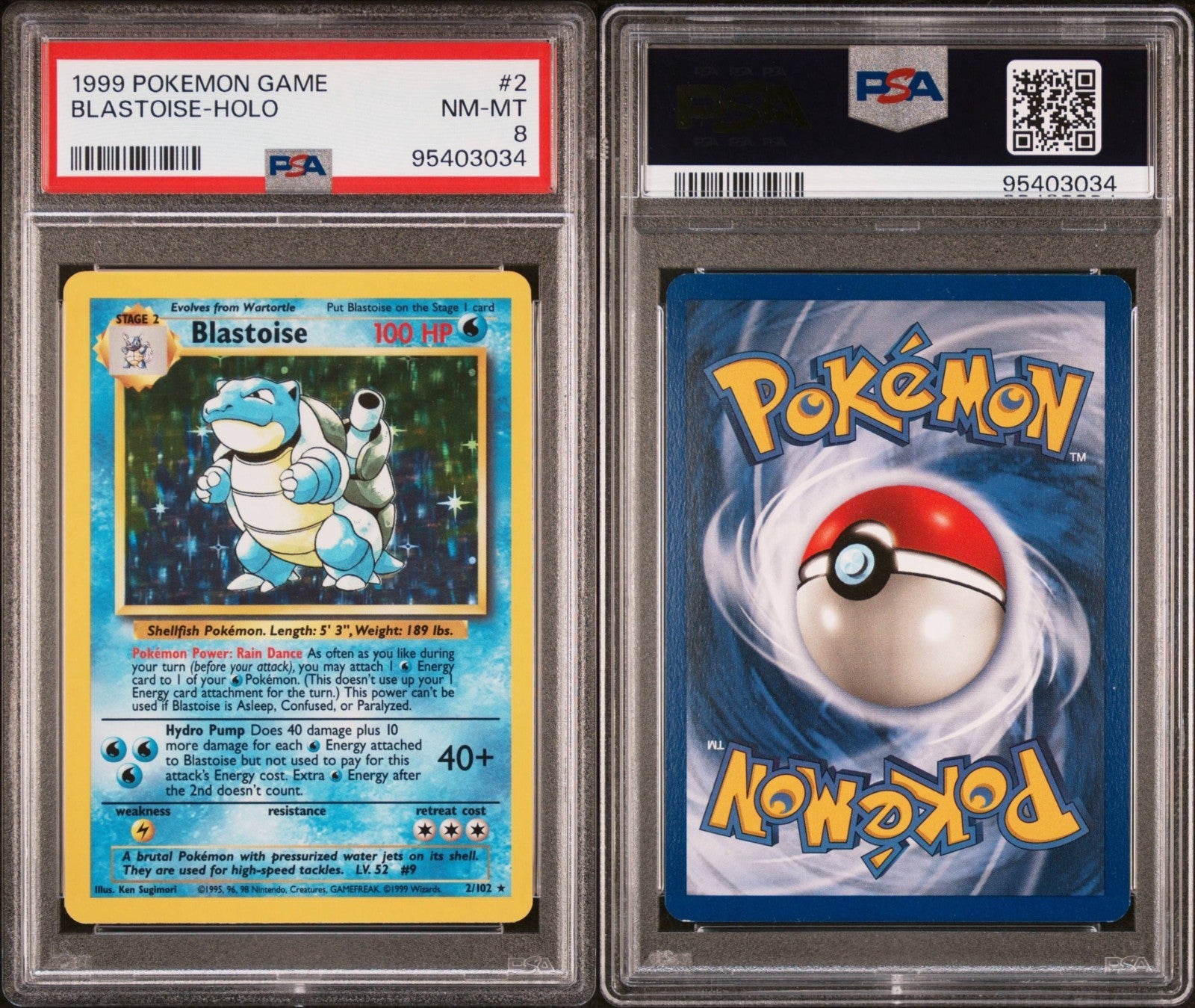 Pokemon Blastoise 2/102 PSA 8 NM-MT Base Set Holo Rare Unlimited 1999