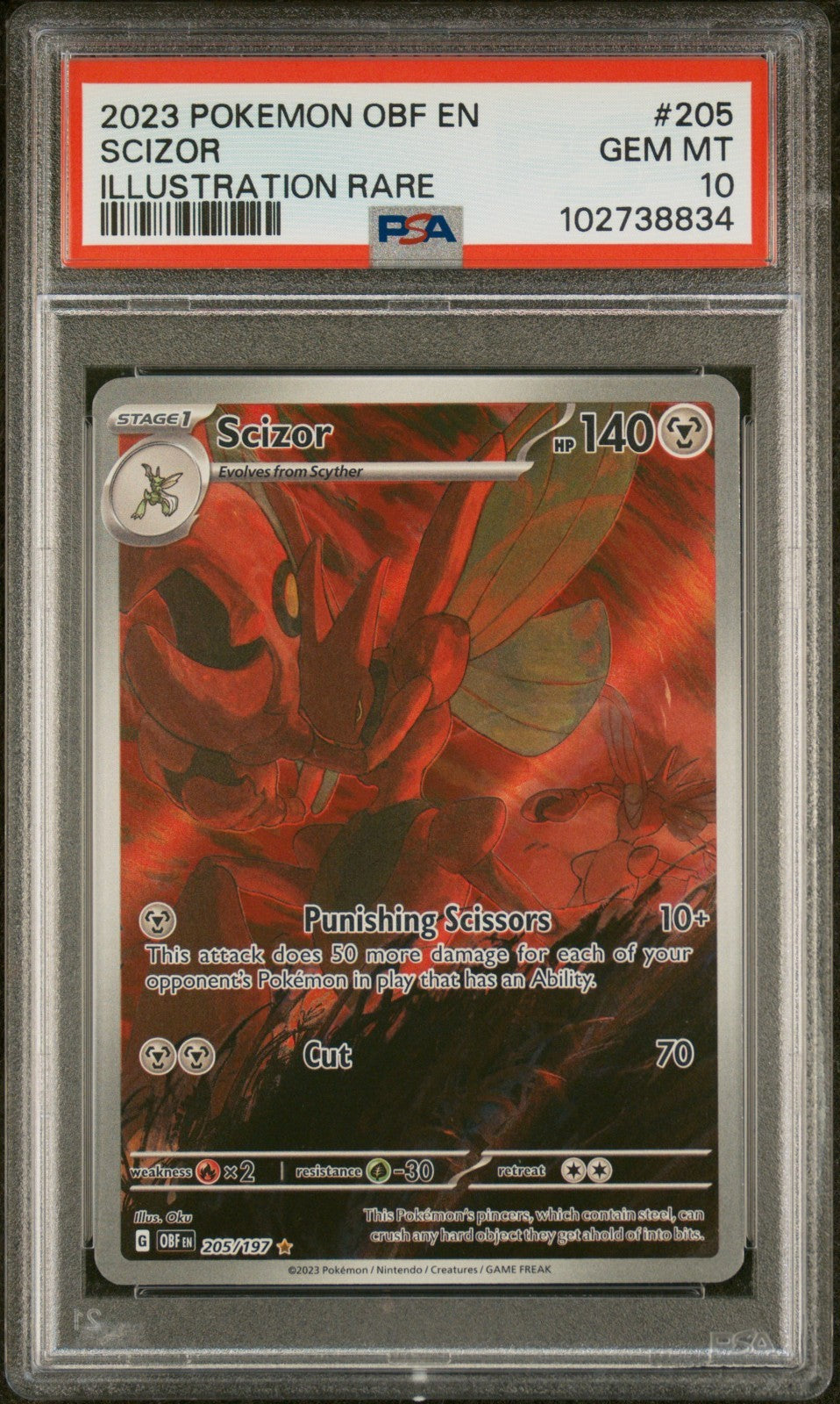 Pokemon Scizor 205/197 PSA 10 Gem Mint SV Obsidian Flames Illustration Rare FA
