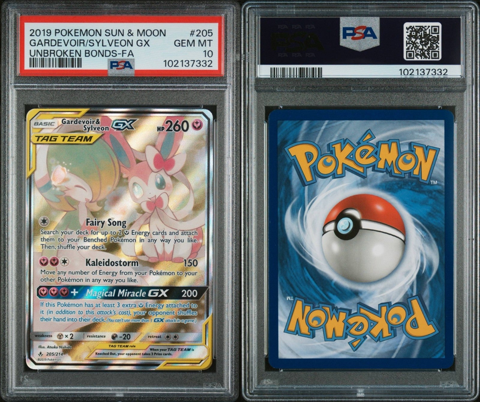 Pokemon Gardevoir & Sylveon GX 205/214 PSA 10 Gem Mint SM Unbroken Bonds Alt FA