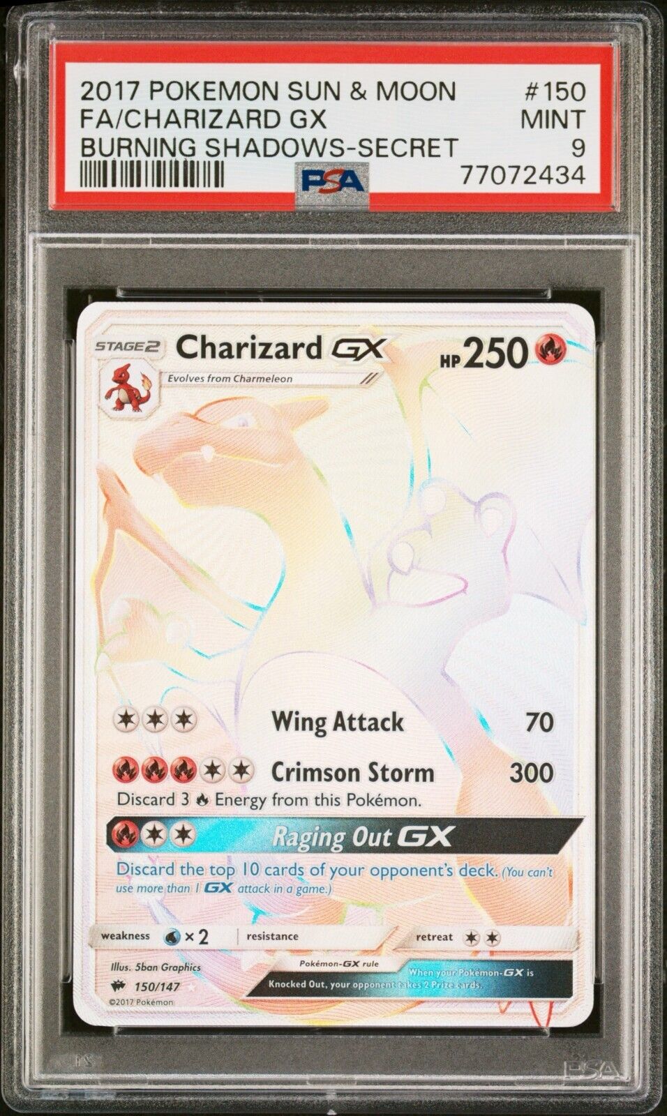 Pokemon Charizard GX 150/147 PSA 9 Mint SM Burning Shadows Secret Rare FA 2017