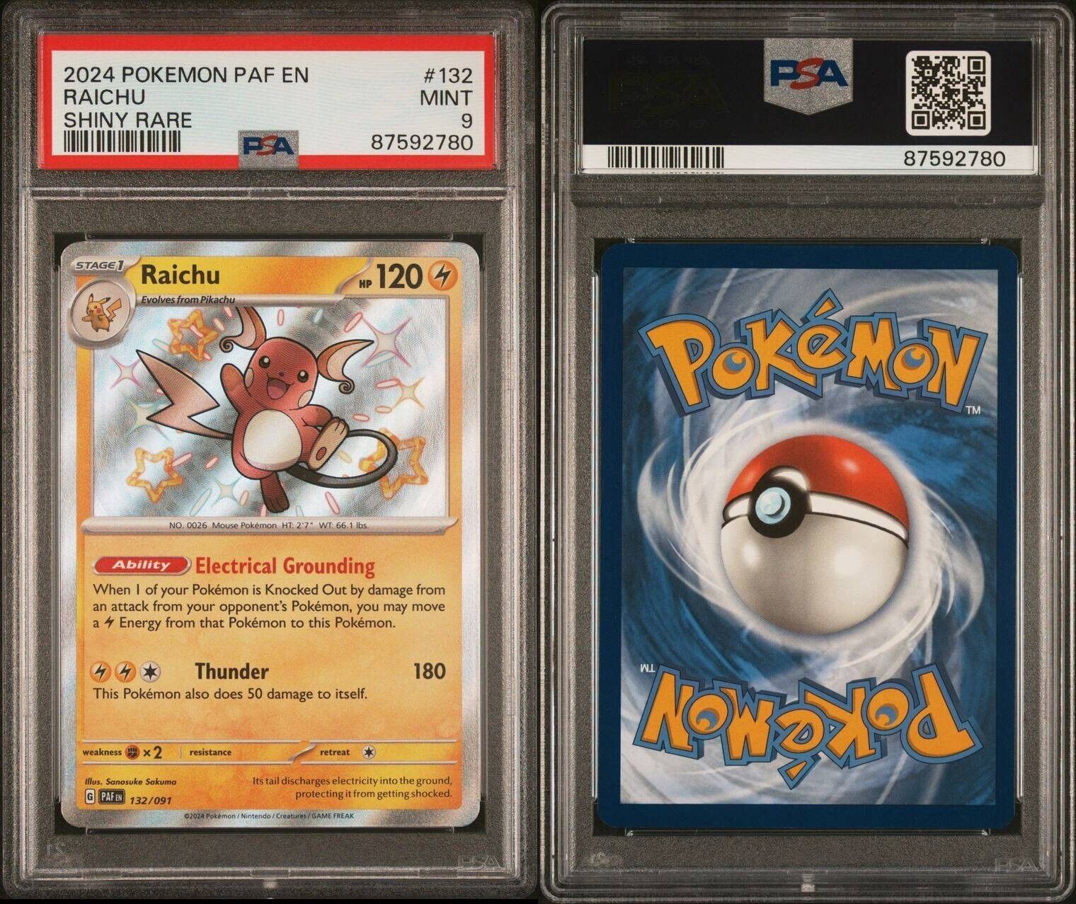 Pokemon Raichu 132/091 PSA 9 Mint Paldean Fates Shiny Holo Rare