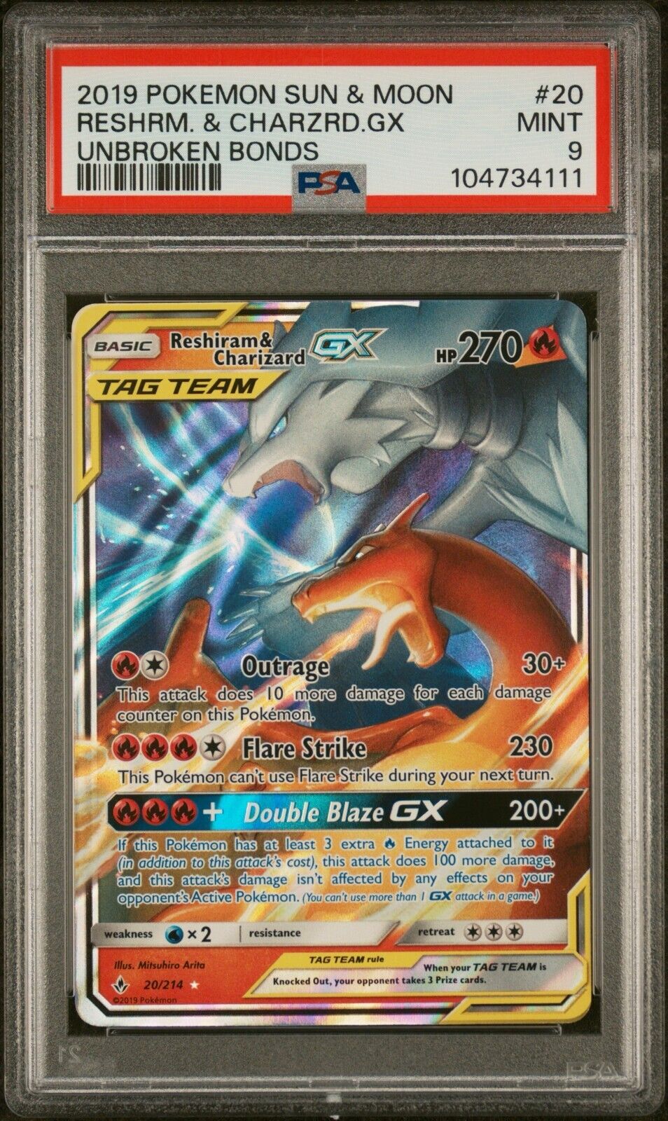Pokemon Reshiram Charizard GX 20/214 PSA 9 Mint SM Unbroken Bonds Tag Team 2019