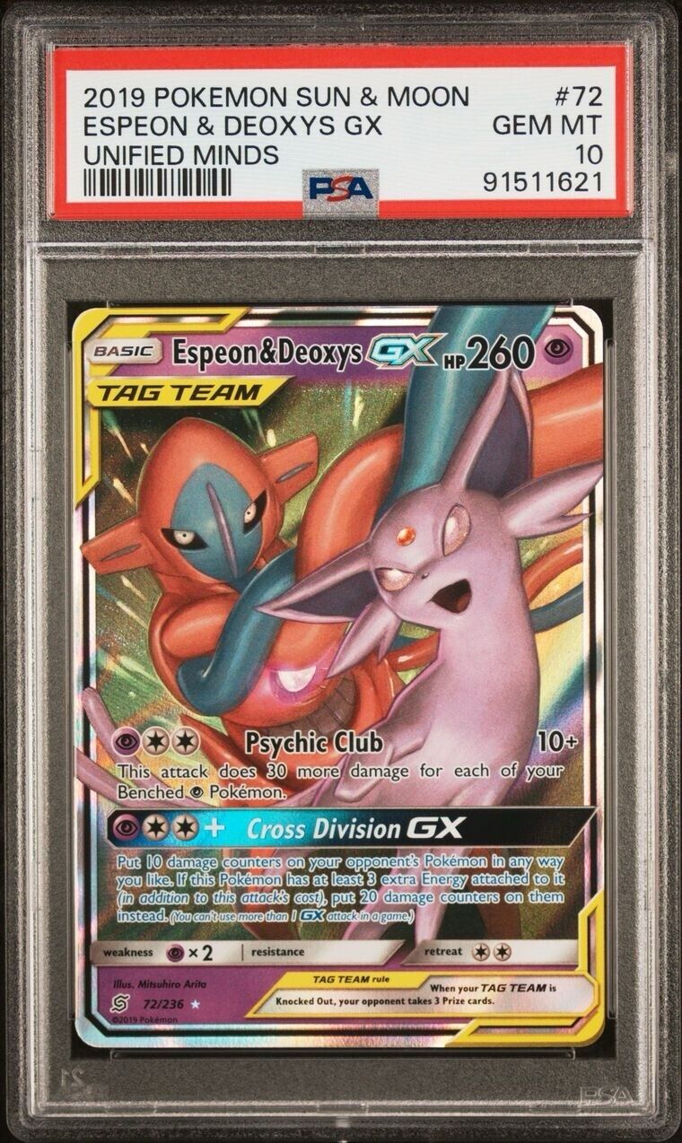 Pokemon Espeon & Deoxys GX 72/236 PSA 10 Gem Mint Unified Minds Tag Team Ultra