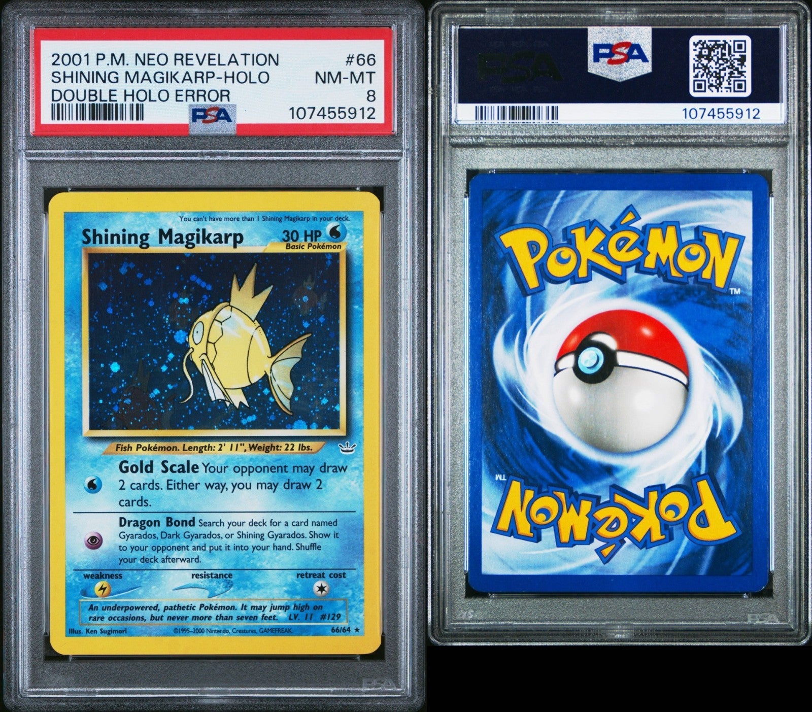 Pokemon Shining Magikarp 66/64 PSA 8 Neo Revelation Double Holo Error 2001