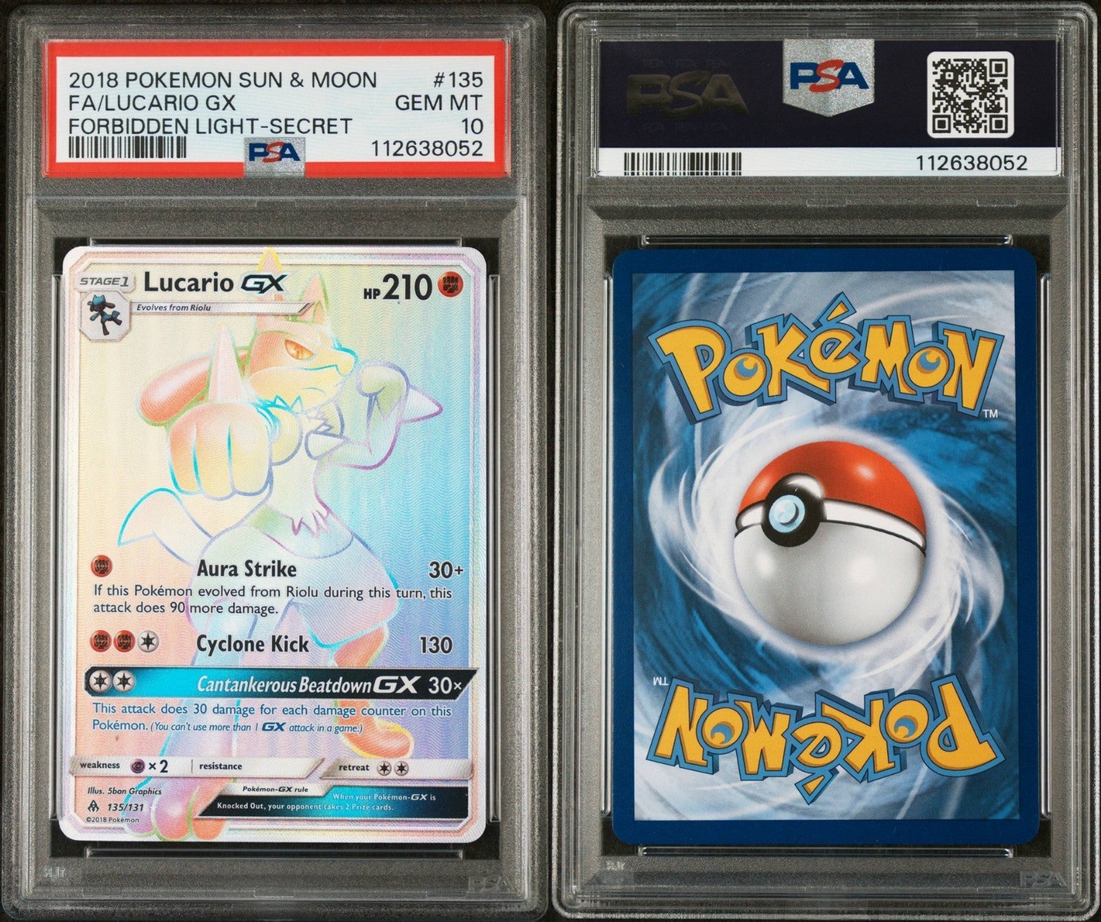 Pokemon Lucario GX 135/131 PSA 10 Gem Mint SM Forbidden Light Secret Full Art