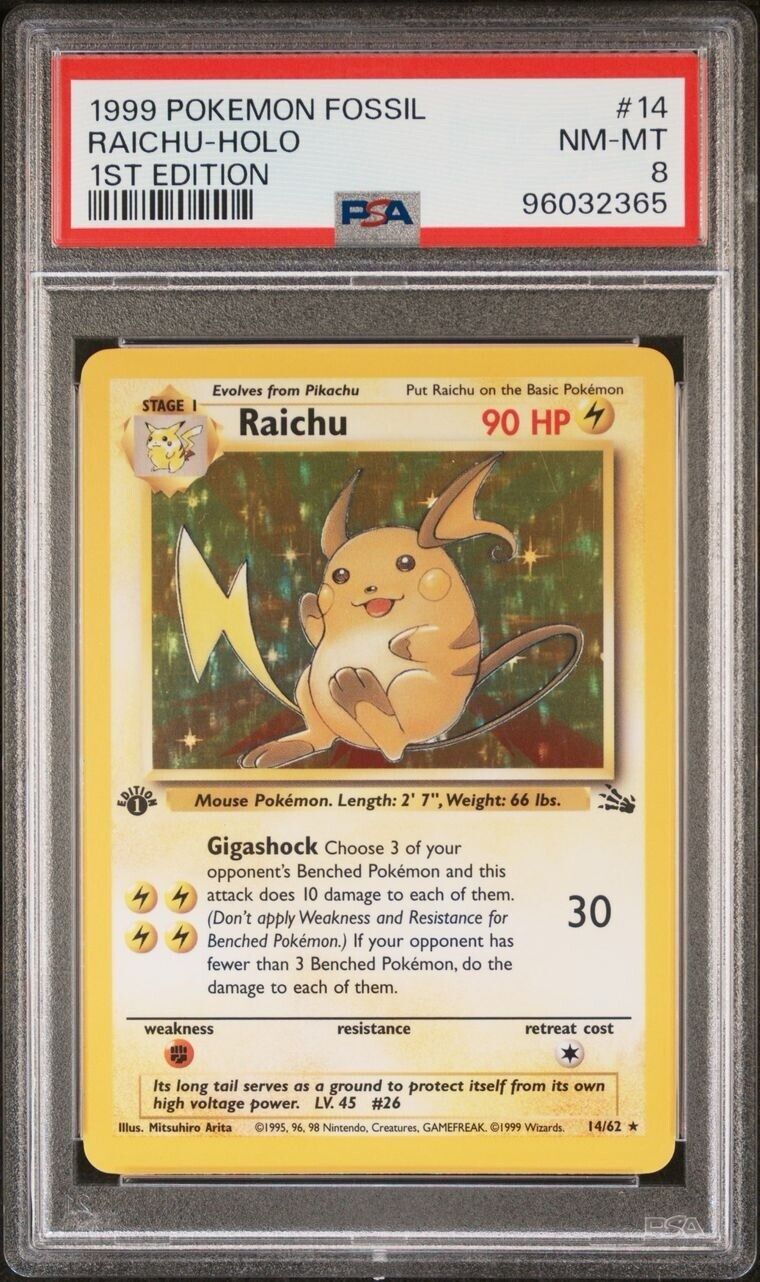 Pokemon Raichu 14/62 PSA 8 NM-MT Fossil 1st Edition Holo Rare 1999 WOTC