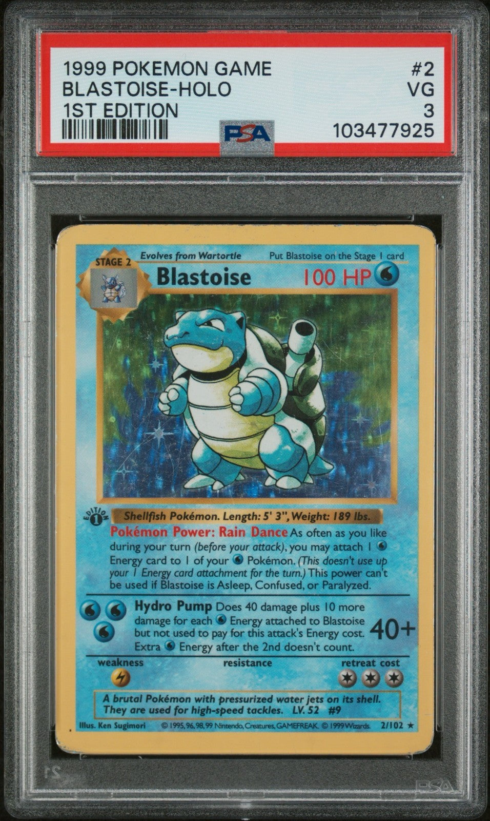 Pokemon Blastoise 2/102 PSA 3 VG Base Set Holo Rare 1st Edition 1999