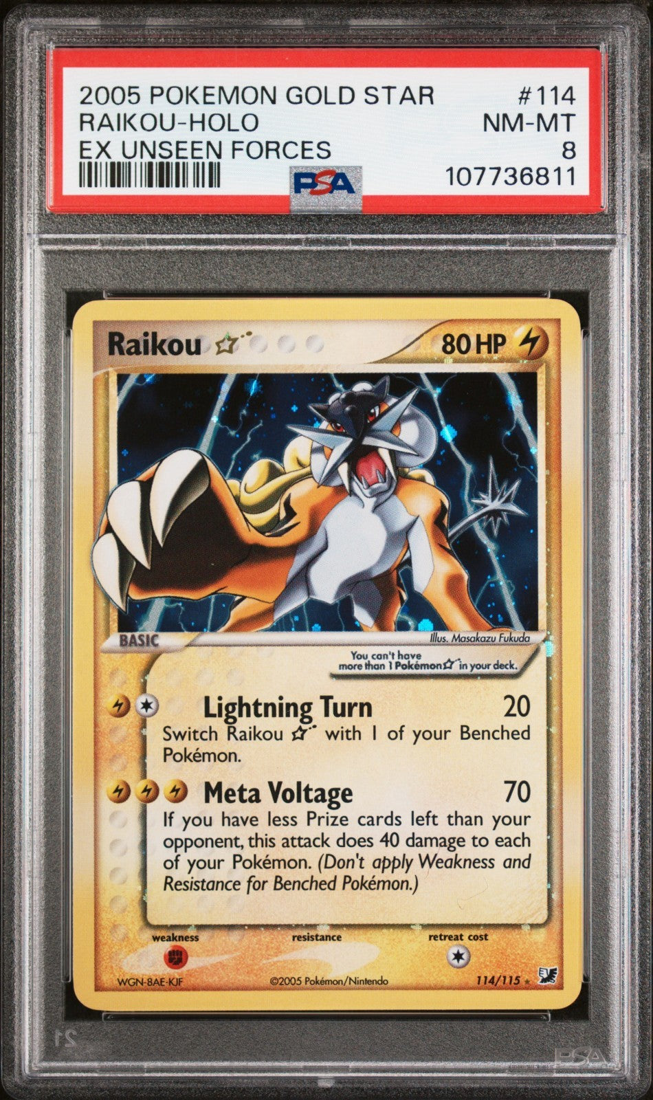 Pokemon Raikou Gold Star 114/115 PSA 8 NM-MT EX Unseen Forces Holo Rare 2005