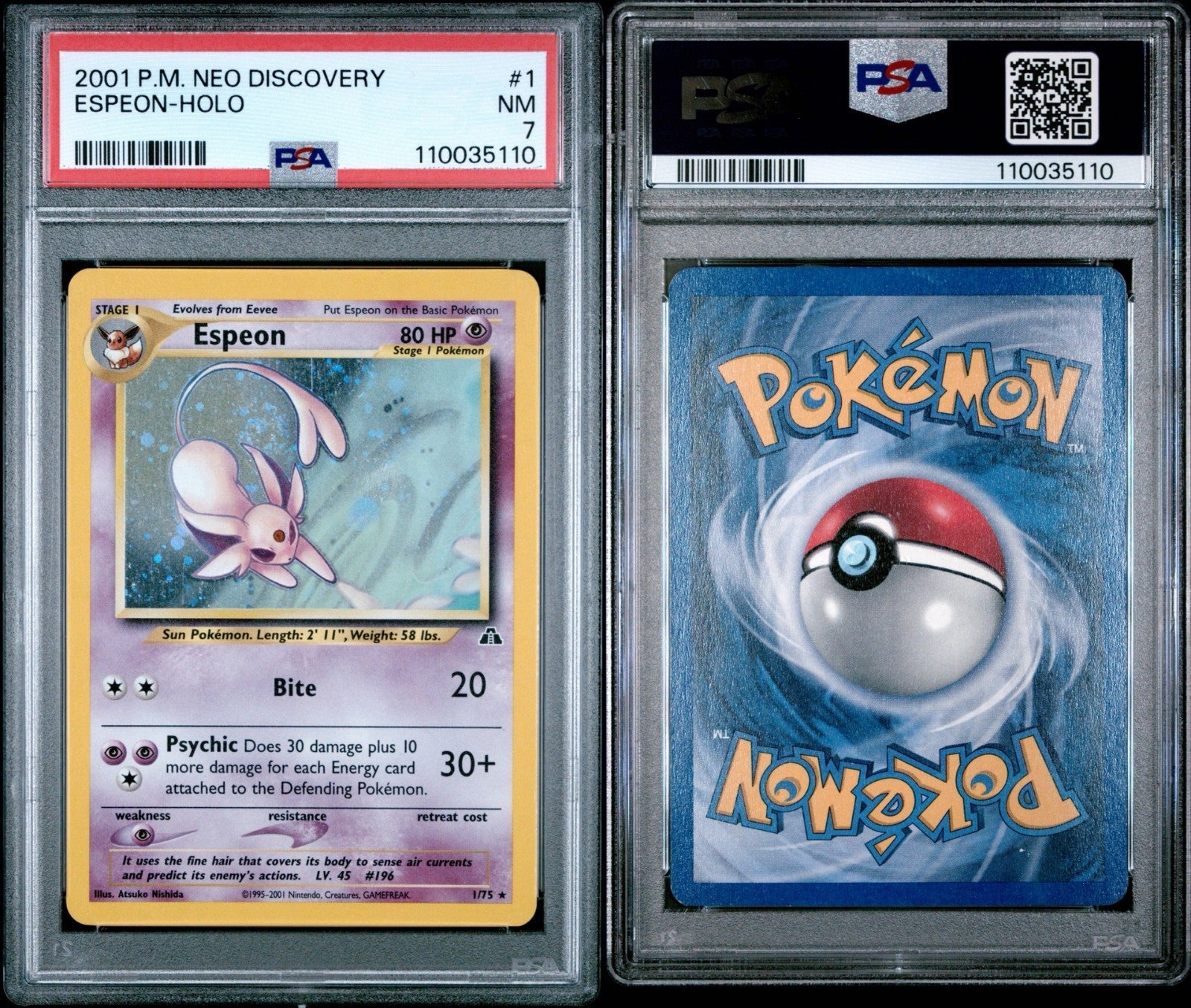 Pokemon Espeon 1/75 PSA 7 NM Neo Discovery Holo Rare Unlimited WOTC 2001