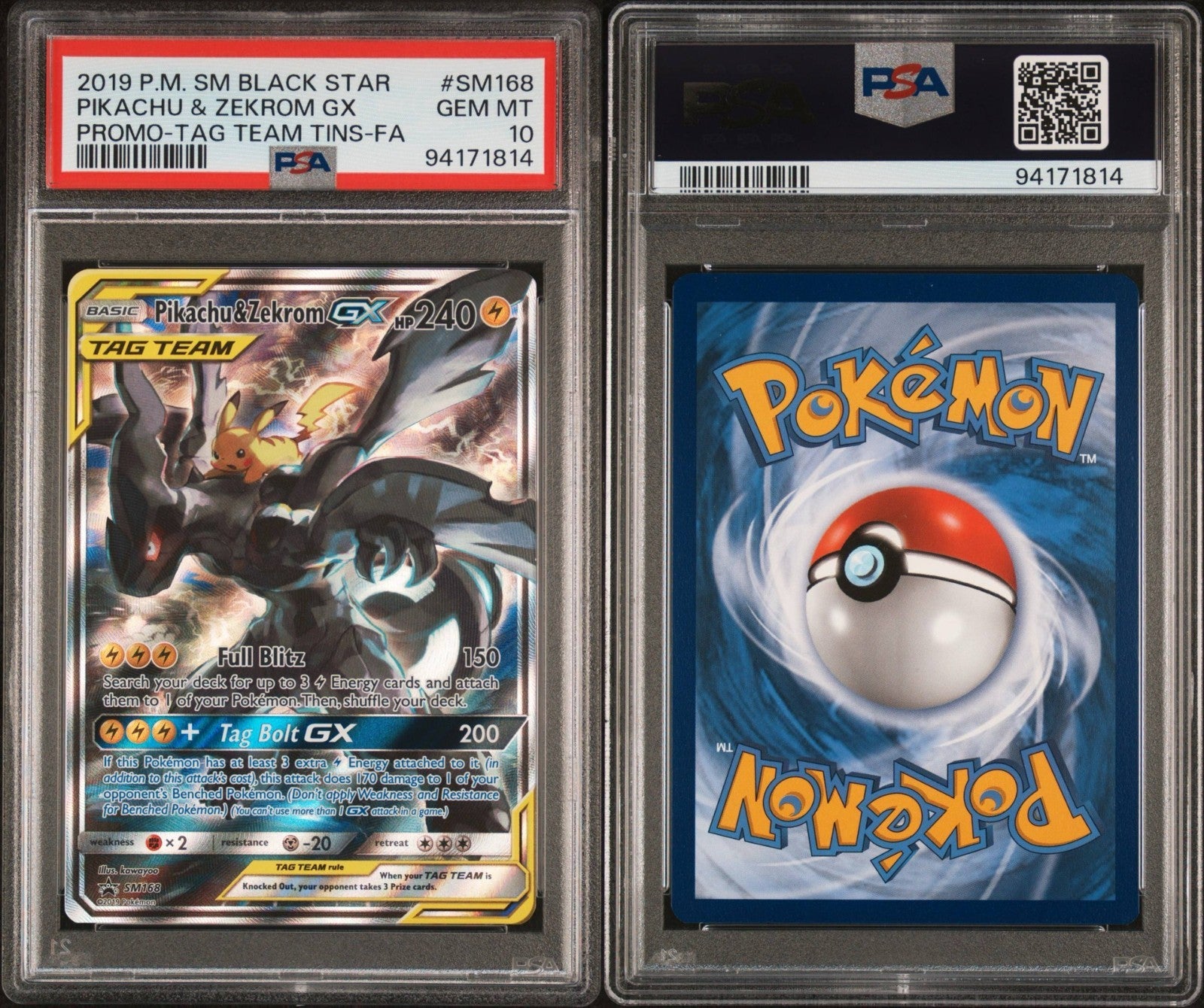 Pokemon Pikachu & Zekrom GX SM168 PSA 10 Gem Mint Tag Team Black Star Promo 2019
