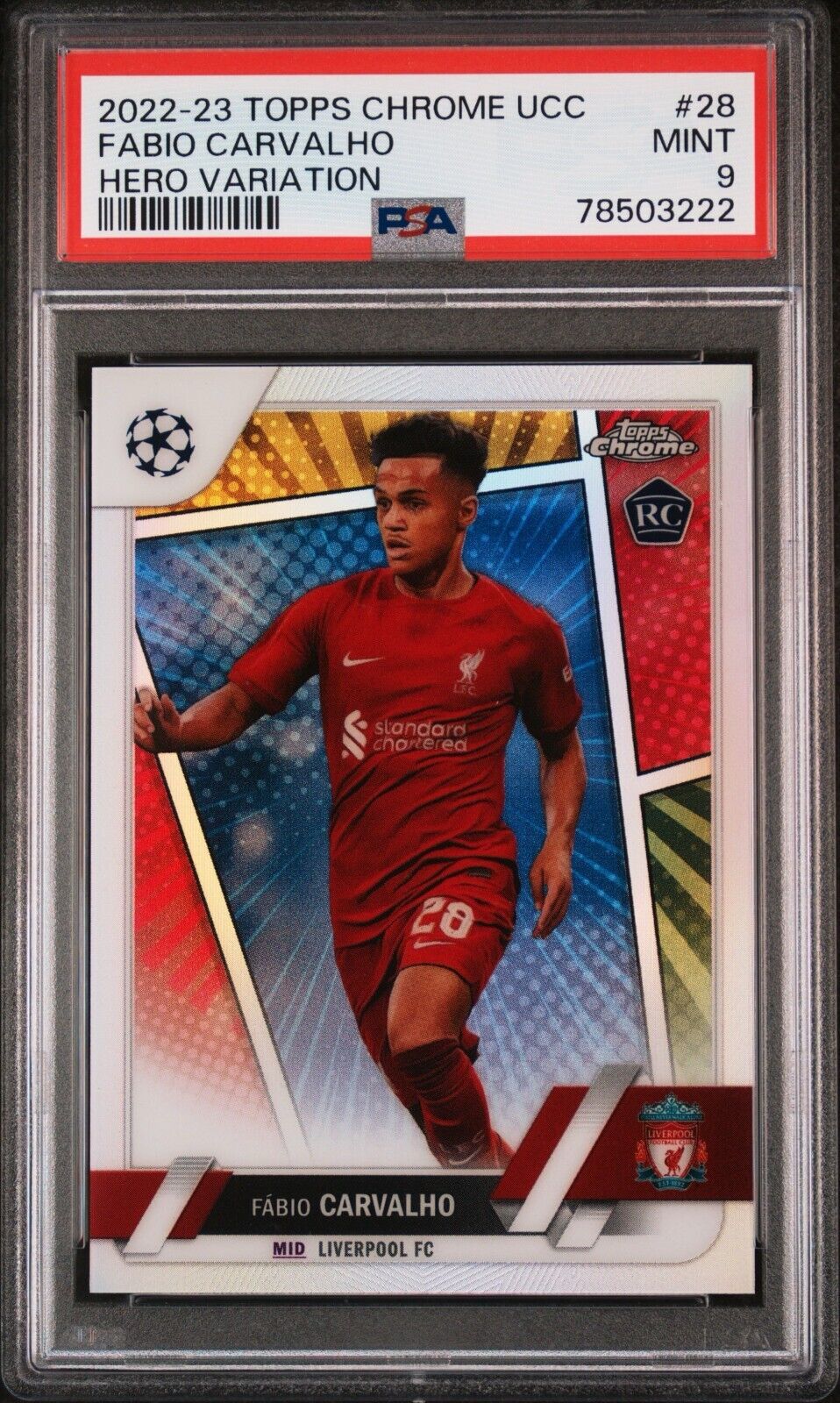 Topps Chrome UCC Fabio Carvalho #28 PSA 9 Mint Comic Hero Variation Holo Foil RC
