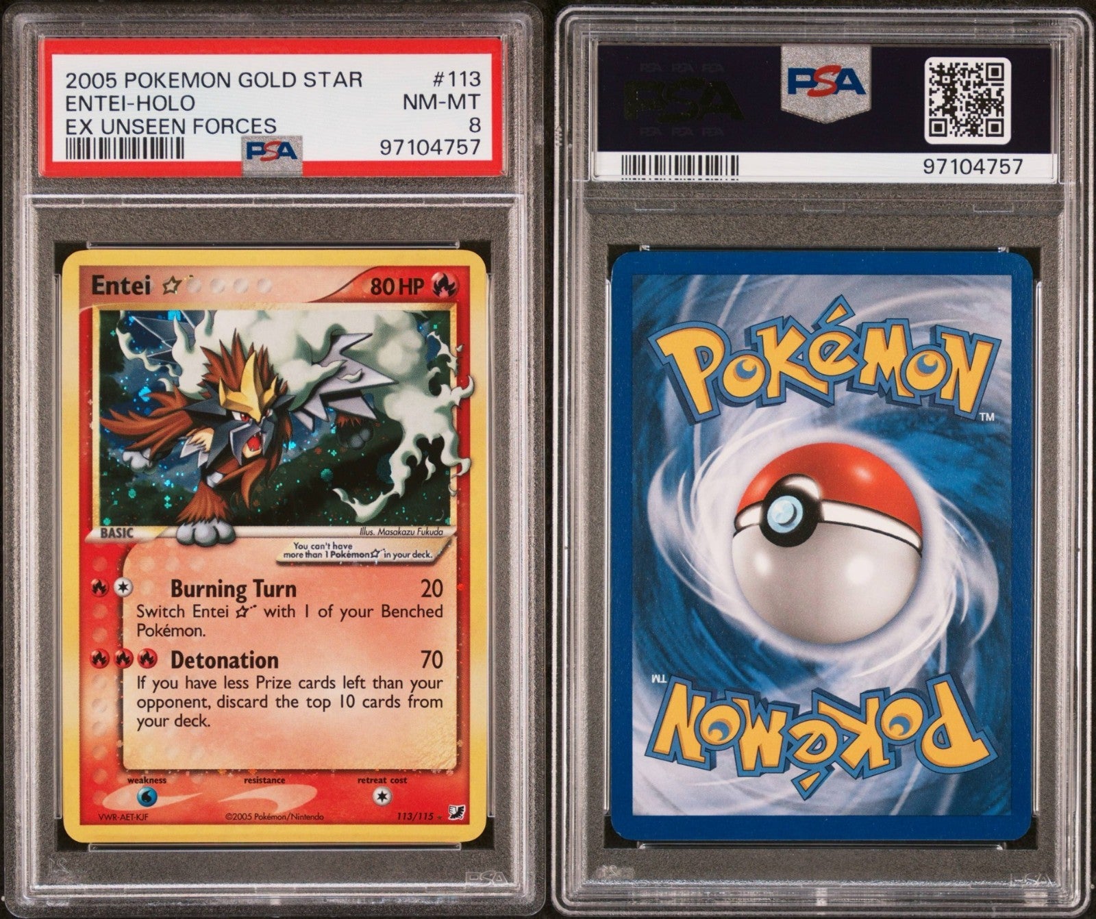 Pokemon Entei Gold Star 113/115 PSA 8 NM-MT EX Unseen Forces Holo Rare 2005