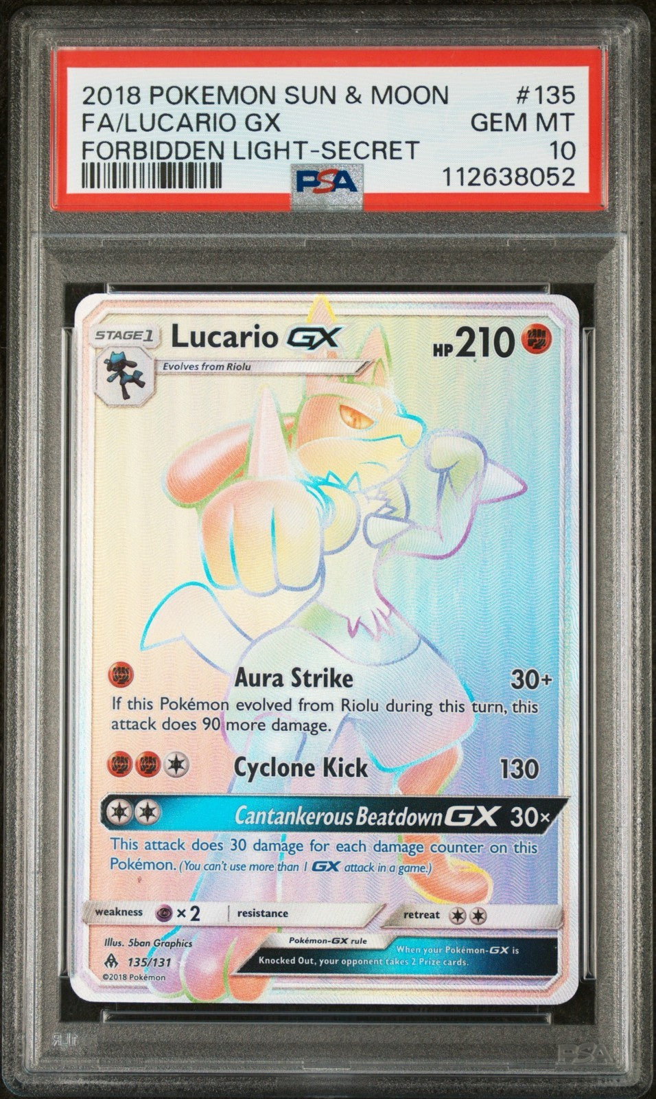Pokemon Lucario GX 135/131 PSA 10 Gem Mint SM Forbidden Light Secret Full Art