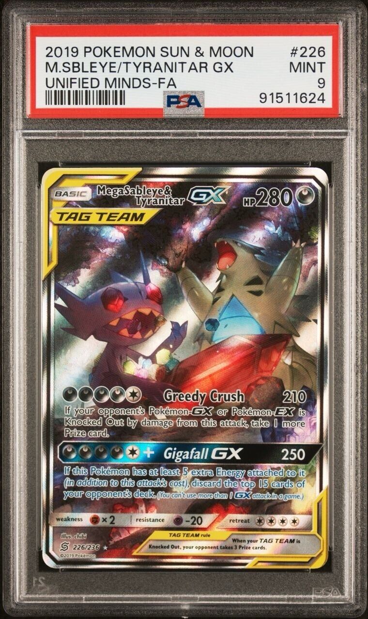 Pokemon Mega Sableye & Tyranitar GX 226/236 PSA 9 Mint Unified Minds Alt Art FA