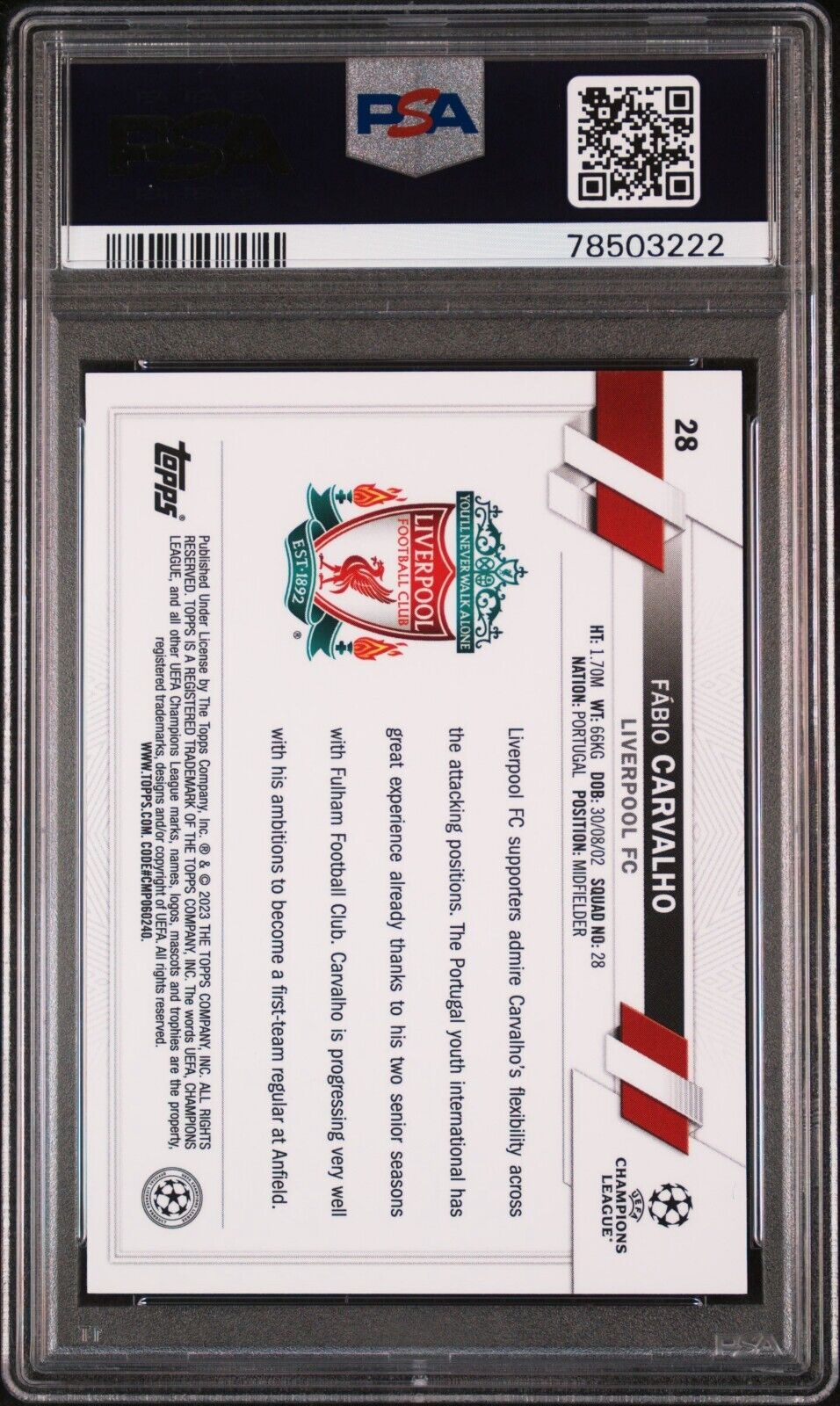 Topps Chrome UCC Fabio Carvalho #28 PSA 9 Mint Comic Hero Variation Holo Foil RC