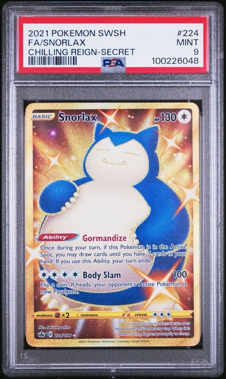 Pokemon Snorlax 224/198 PSA 9 Mint Chilling Reign Gold Secret Rare Shiny FA