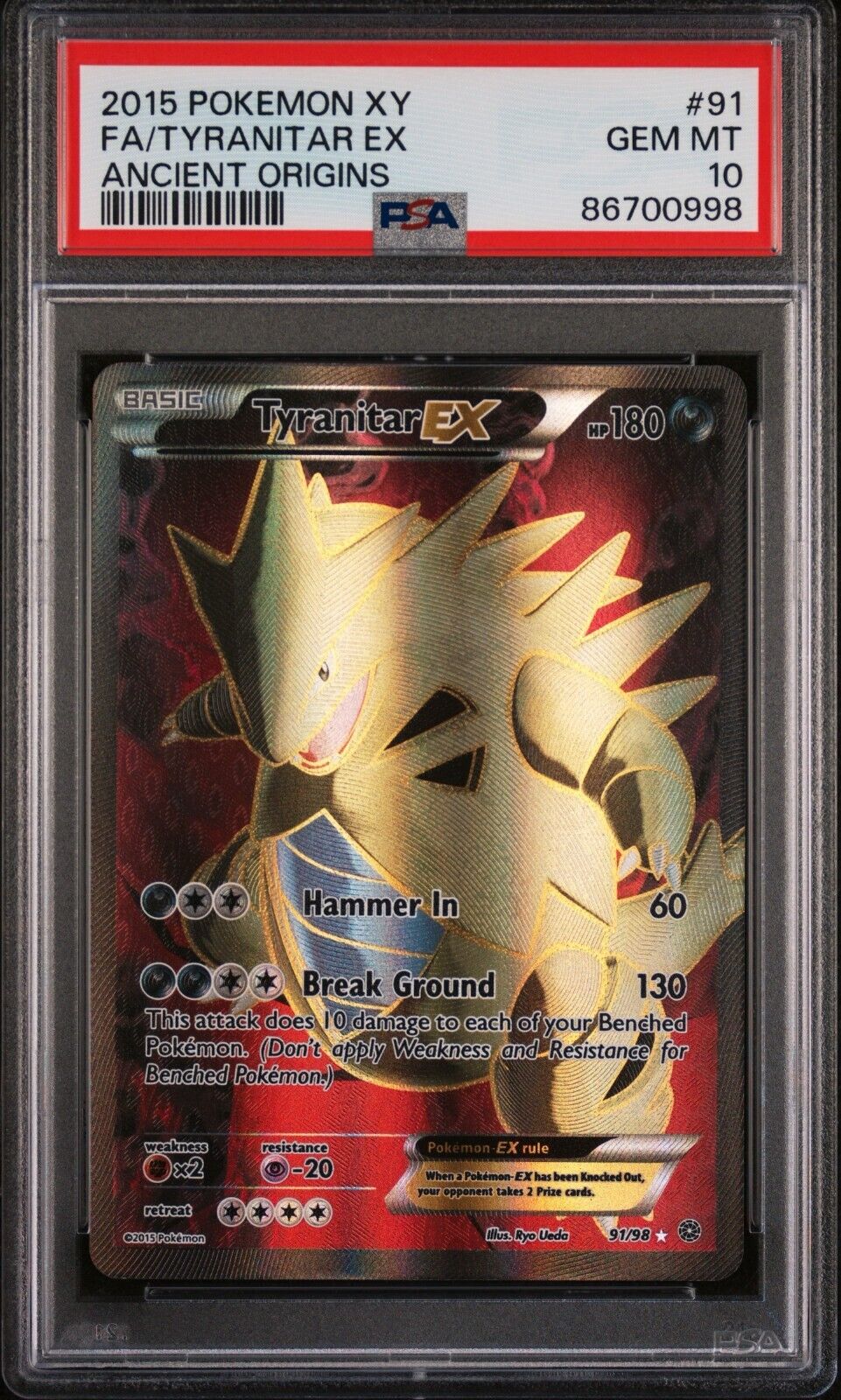 Pokemon Tyranitar EX 91/98 PSA 10 Gem Mint XY Ancient Origins Full Art 2015