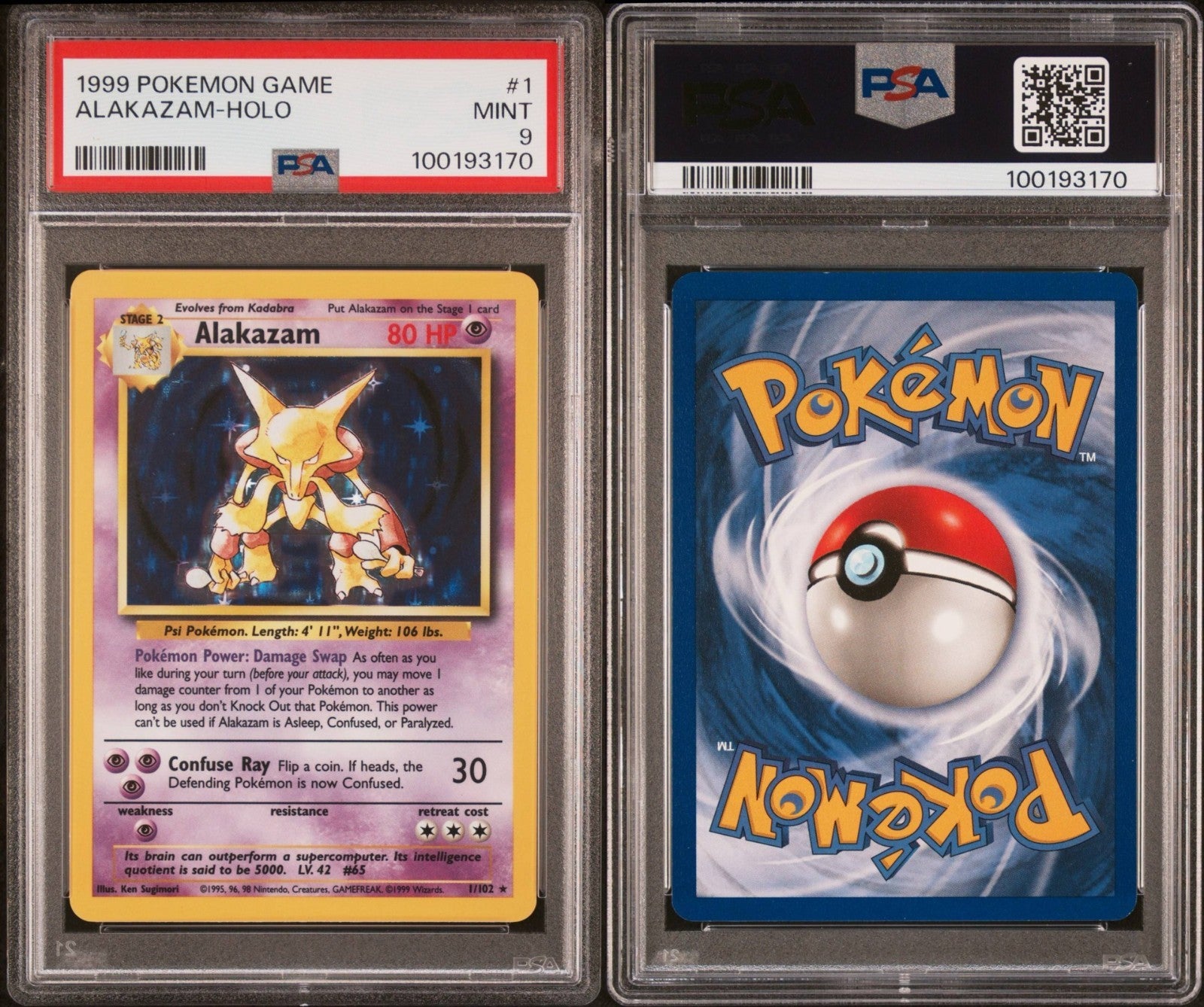 Pokemon Alakazam 1/102 PSA 9 Mint Base Set Unlimited Holo Rare 1999