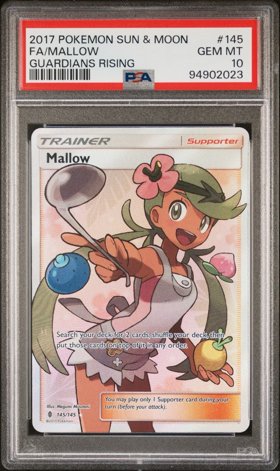 Pokemon Mallow 145/145 PSA 10 Gem Mint SM Guardians Rising Full Art Trainer