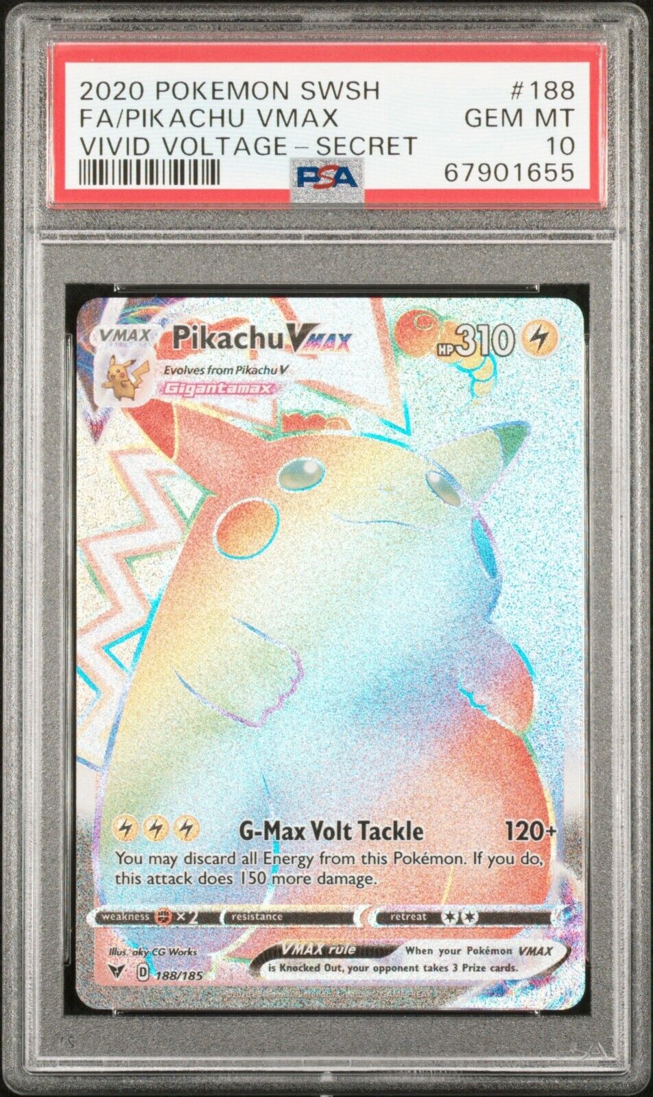 Pokemon Pikachu VMAX 188/185 PSA 10 Gem Mint SWSH Vivid Voltage Secret Rare FA