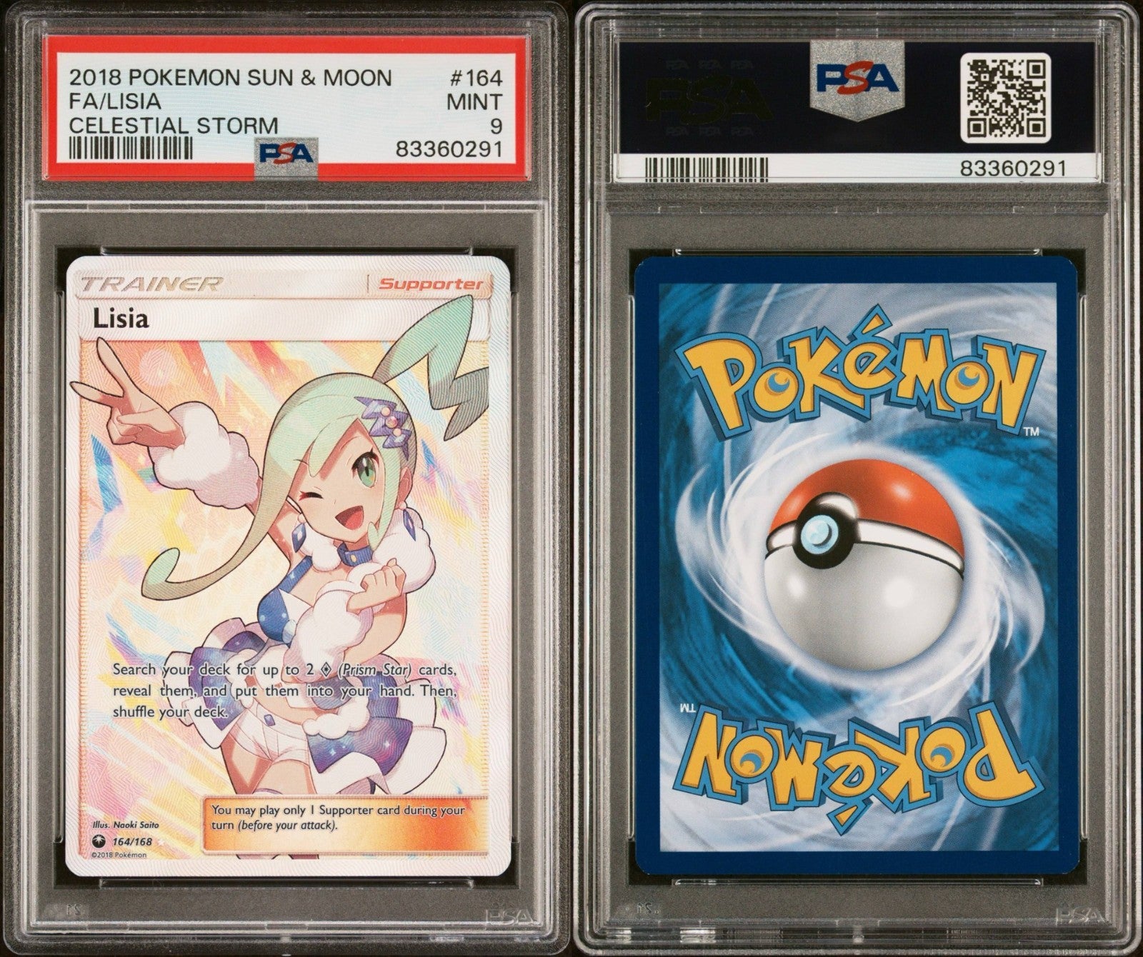 Pokemon Lisia 164/168 PSA 9 Sun & Moon Celestial Storm Full Art Trainer 2018