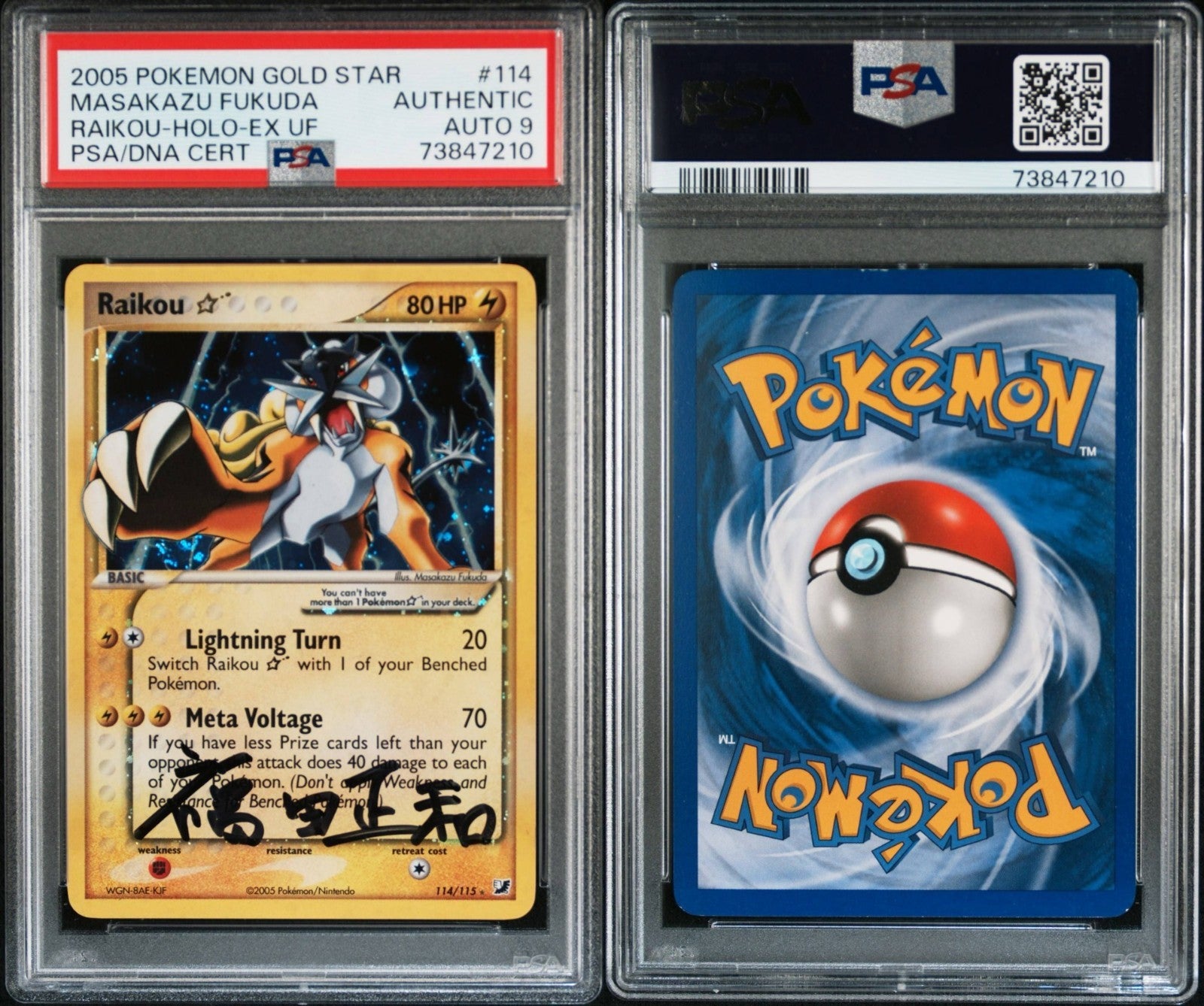 Pokemon Raikou Gold Star 114/115 PSA Authentic Masakazu Fukuda Auto Signed Holo