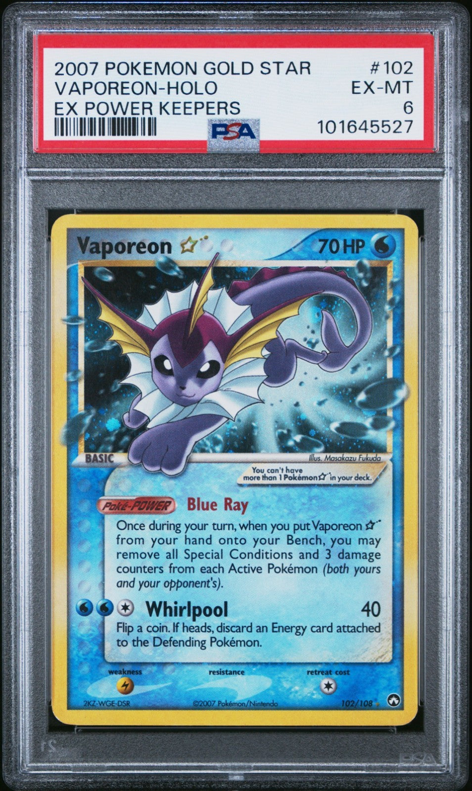 Pokemon Vaporeon Gold Star 102/108 PSA 6 EX-MT EX Power Keepers Holo Rare 2007