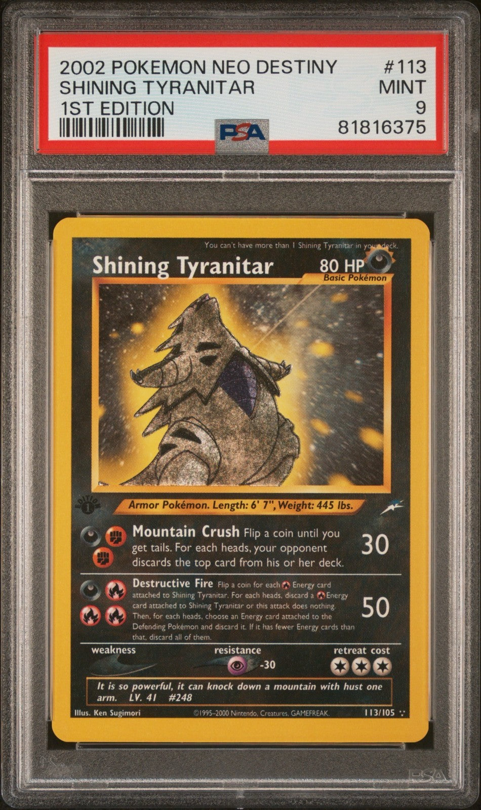Pokemon Shining Tyranitar 113/105 PSA 9 Mint Neo Destiny 1st Edition Secret 2002