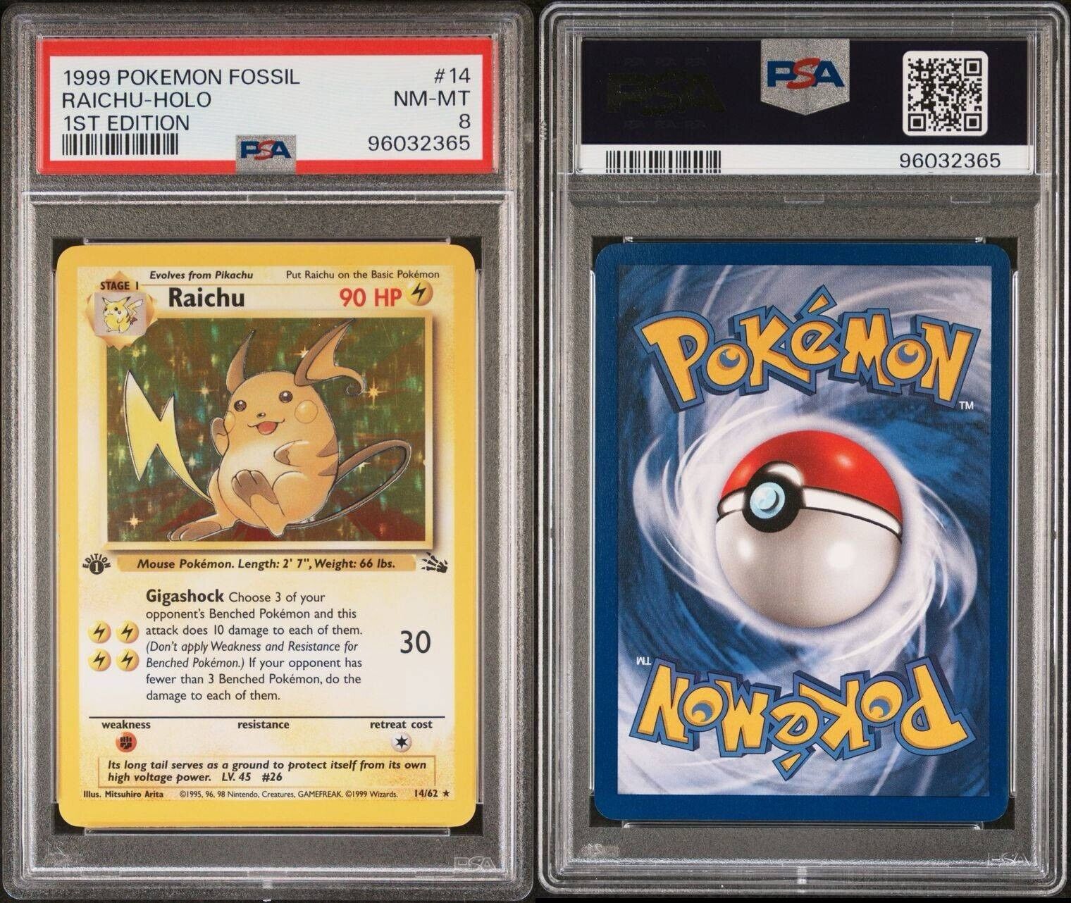 Pokemon Raichu 14/62 PSA 8 NM-MT Fossil 1st Edition Holo Rare 1999 WOTC