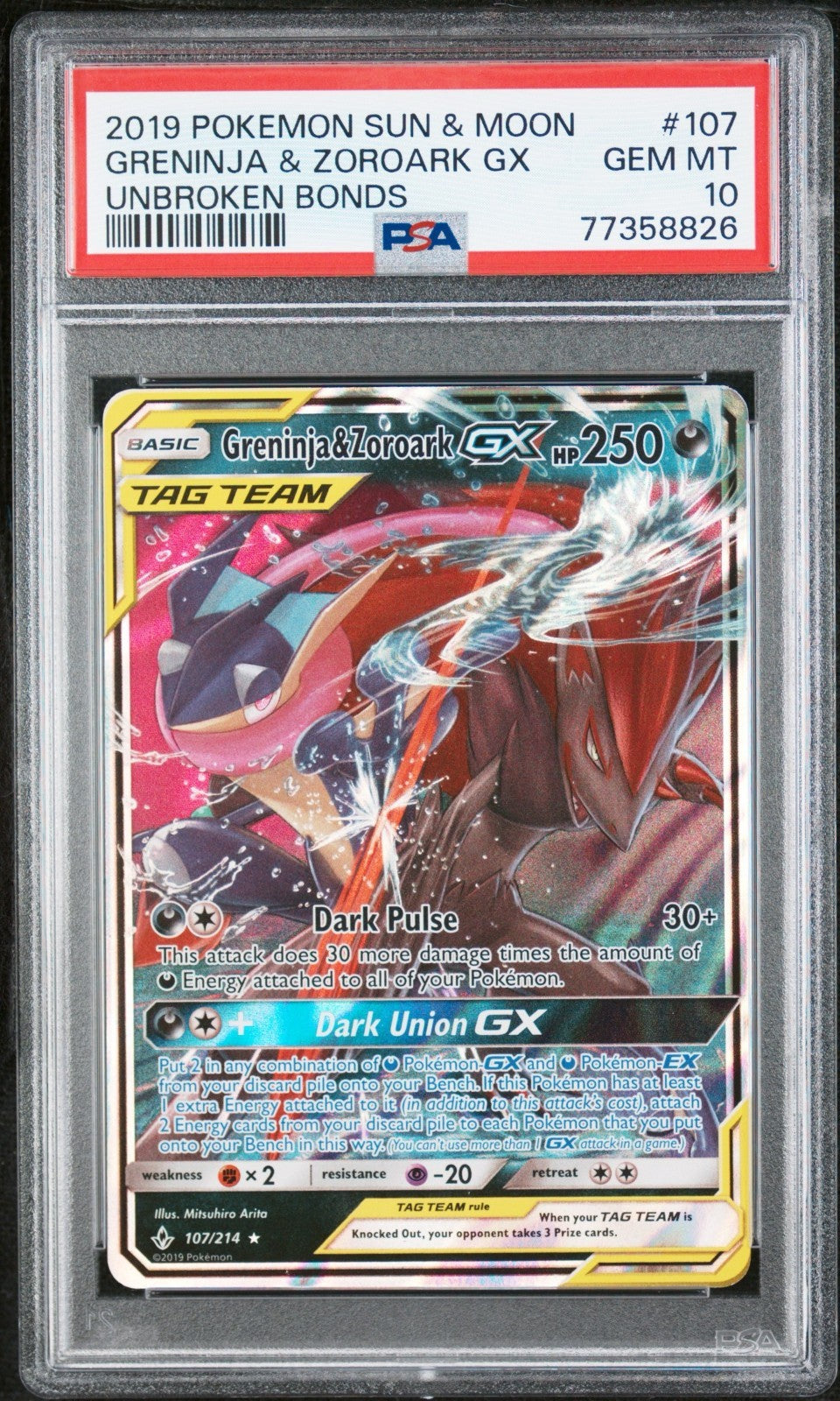 Pokemon Greninja & Zoroark GX 107/214 PSA 10 Gem Mint SM Unbroken Bonds Tag Team