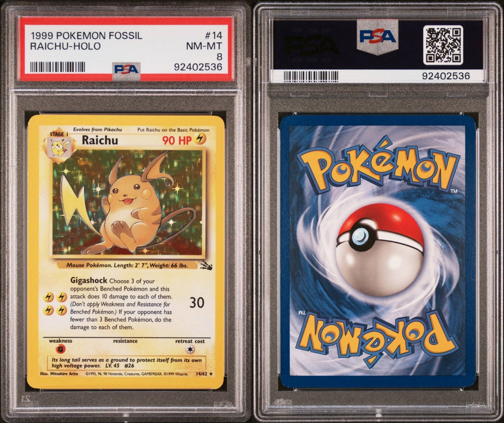 Pokemon Raichu 14/62 PSA 8 NM-MT Fossil Unlimited Holo Rare 1999 WOTC