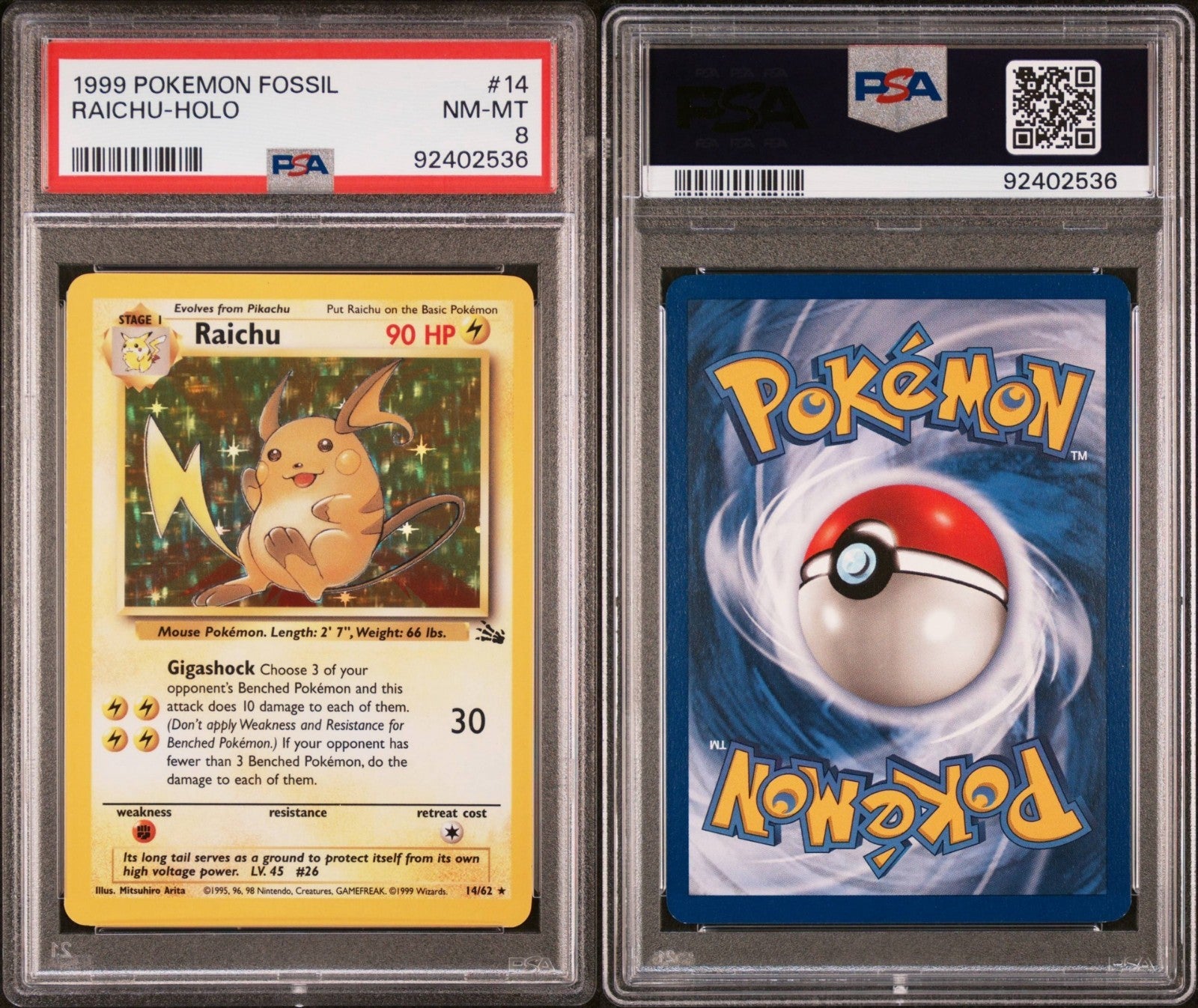 Pokemon Raichu 14/62 PSA 8 NM-MT Fossil Unlimited Holo Rare 1999 WOTC