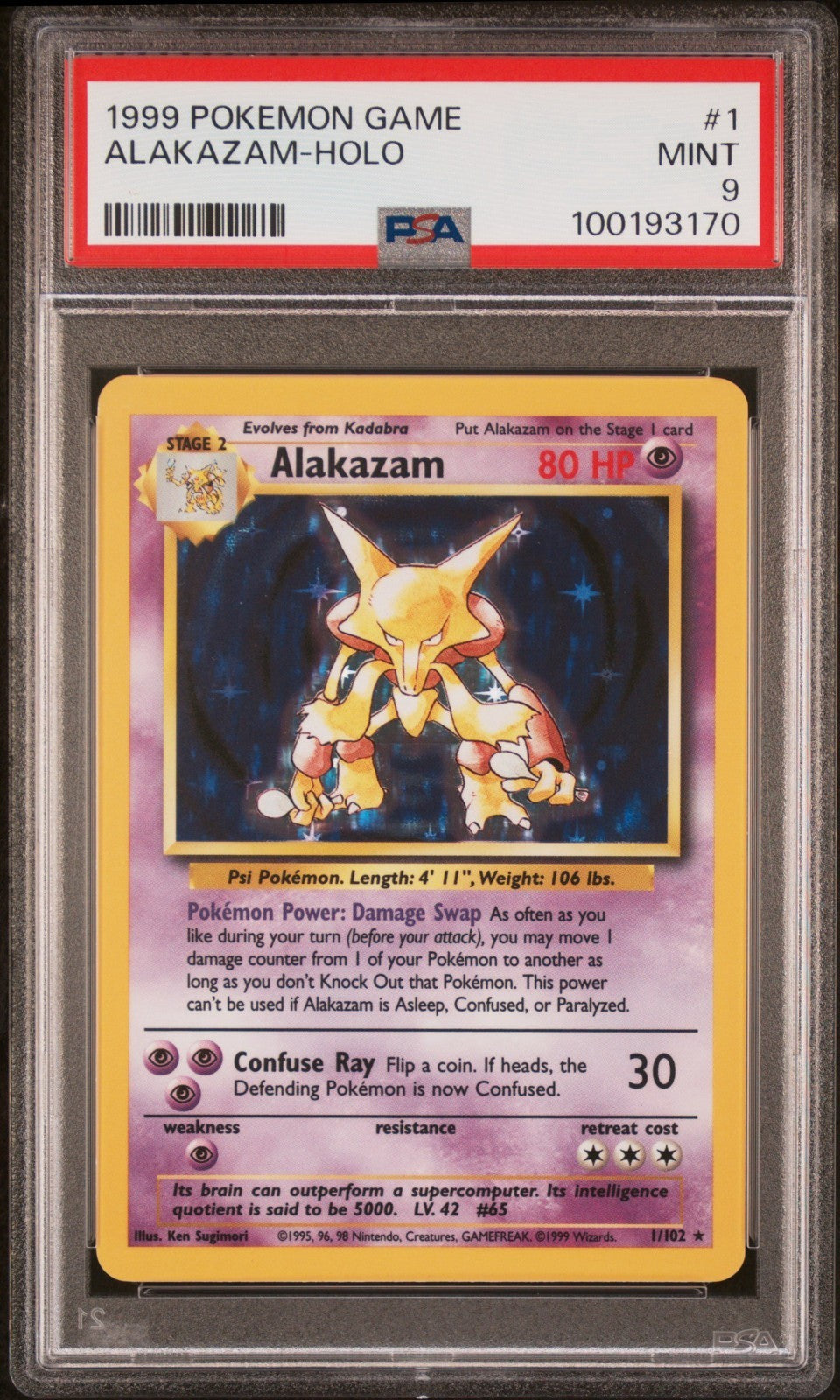Pokemon Alakazam 1/102 PSA 9 Mint Base Set Unlimited Holo Rare 1999