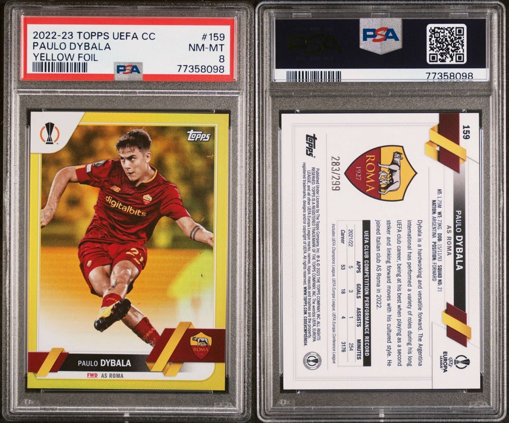 Topps UEFA Paulo Dybala #159 Auto /299 PSA 8 NM-MT Yellow Foil