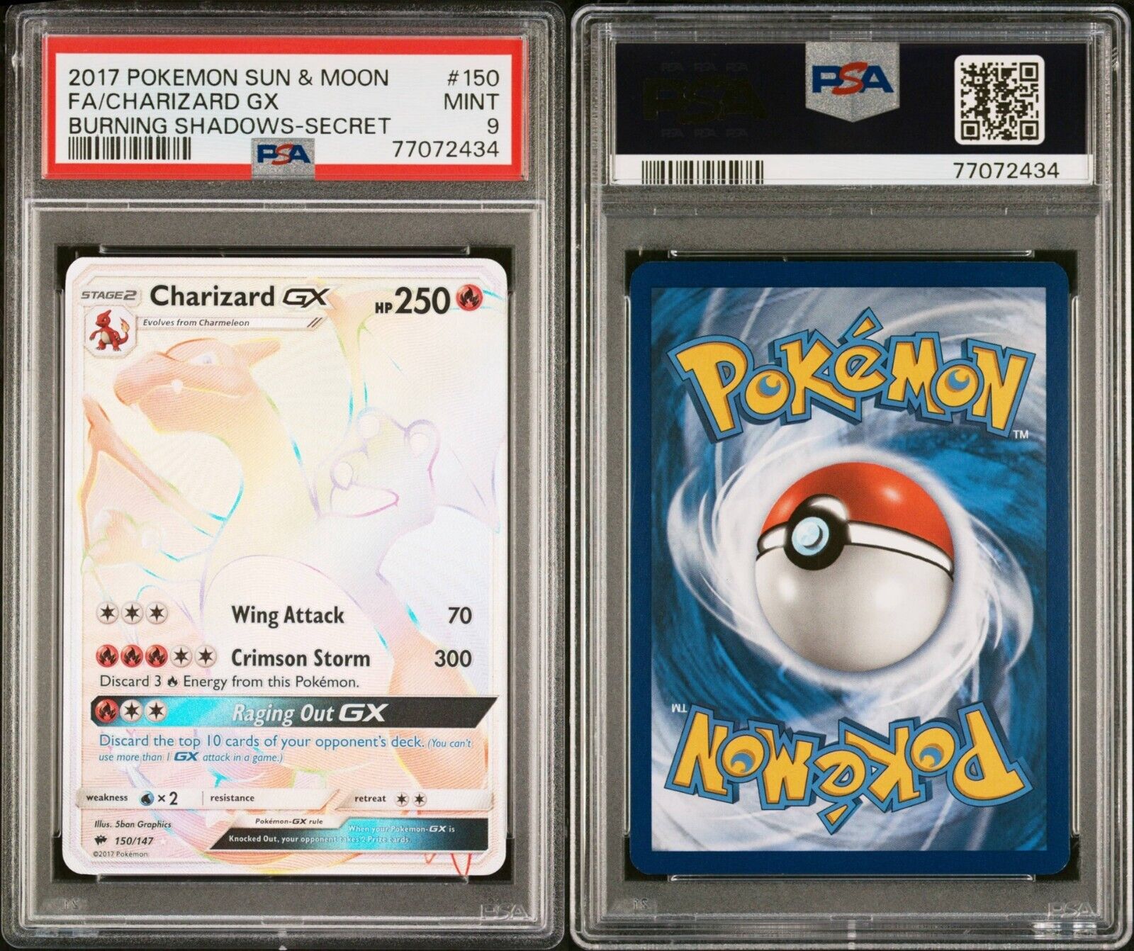 Pokemon Charizard GX 150/147 PSA 9 Mint SM Burning Shadows Secret Rare FA 2017