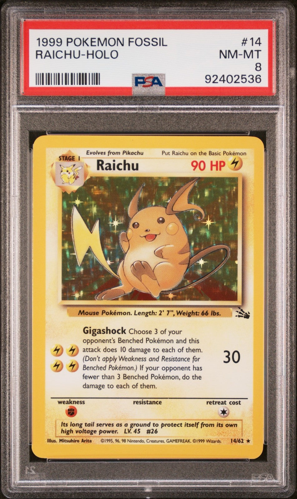 Pokemon Raichu 14/62 PSA 8 NM-MT Fossil Unlimited Holo Rare 1999 WOTC