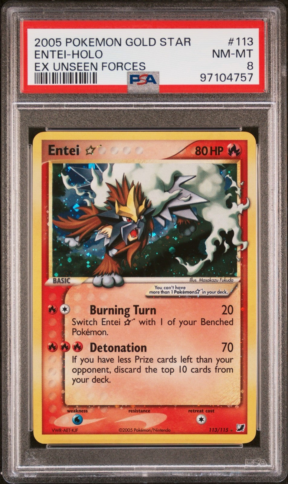 Pokemon Entei Gold Star 113/115 PSA 8 NM-MT EX Unseen Forces Holo Rare 2005