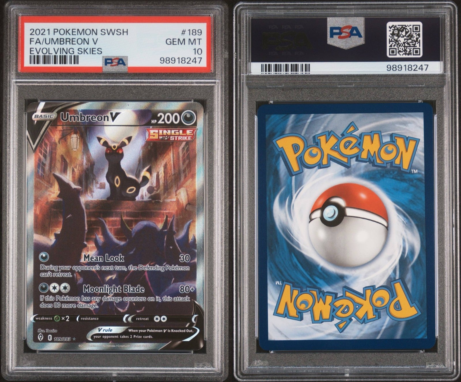 Pokemon Umbreon V 189/203 PSA 10 Gem MInt SWSH Evolving Skies Full Art 2021