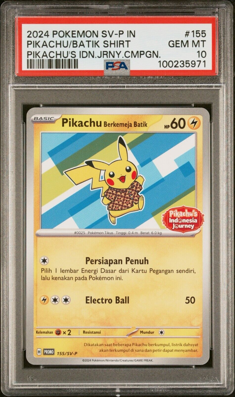 Pokemon Pikachu 155/SV-P PSA 10 Indonesia Journey Batik Shirt Exclusive Promo