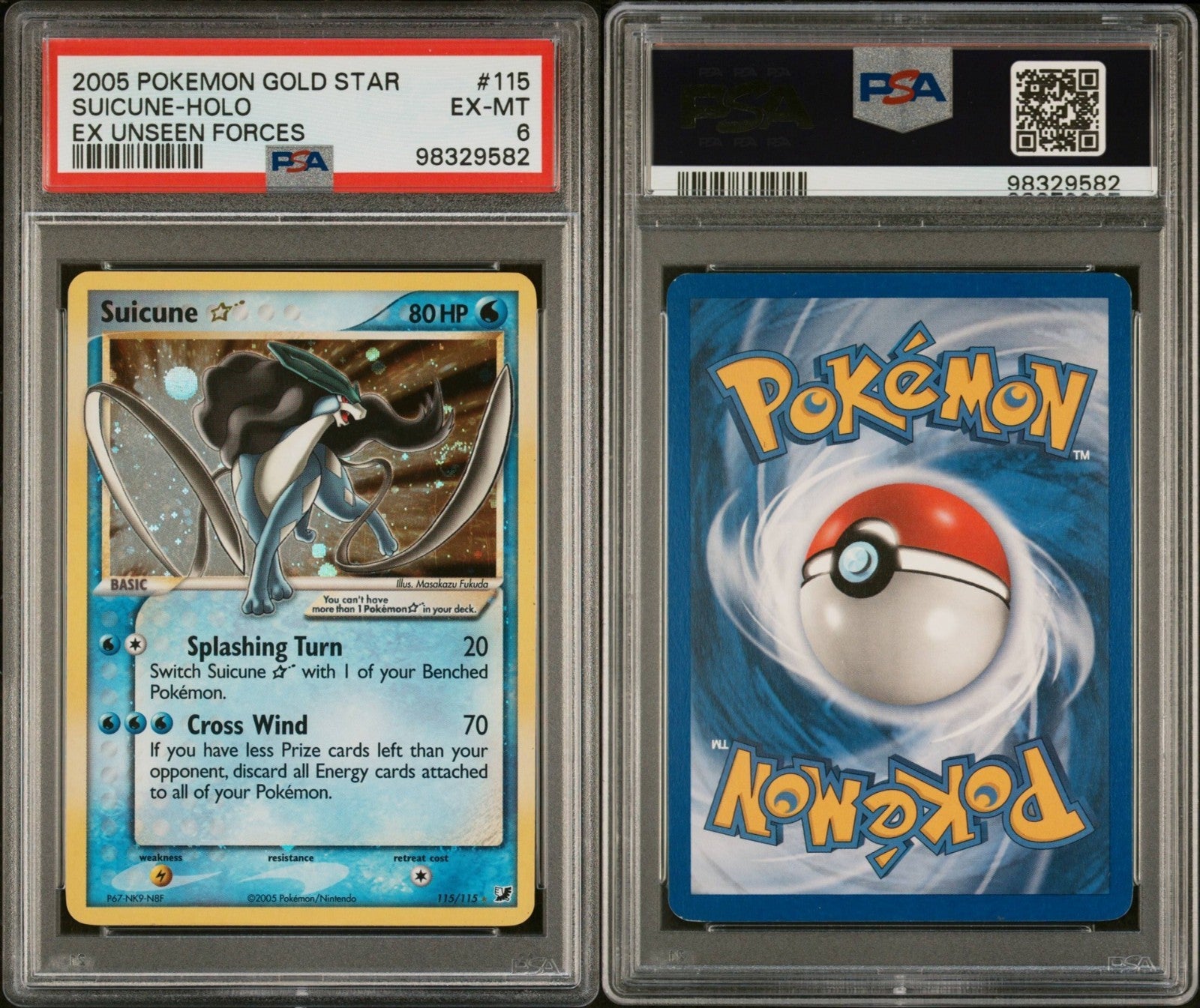 Pokemon Suicune Gold Star 115/115 PSA 6 EX-MT EX Unseen Forces Holo Rare 2005